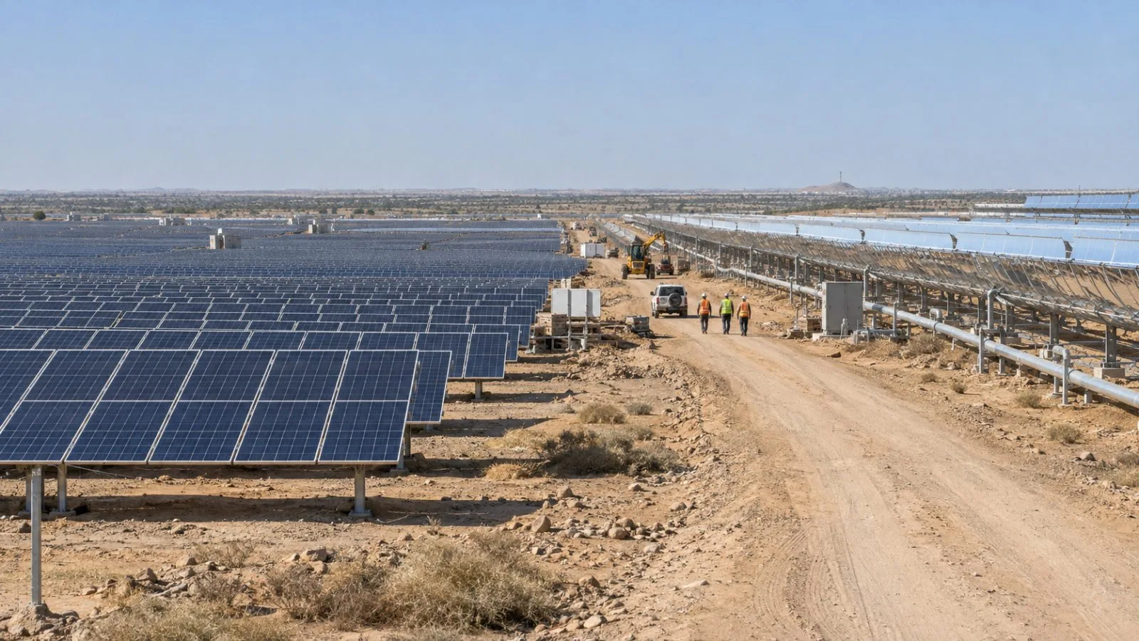 Photovoltaic panels and concentrating mirrors stand side by side at Bhadla Solar Park, Rajasthan, India. (AI-generated image / EconoTimes)