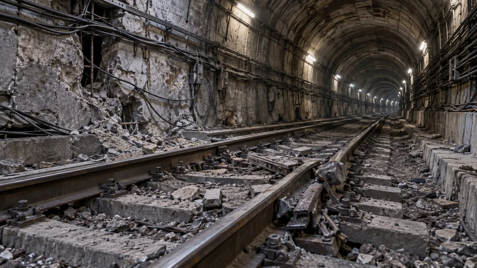 Damaged metro rails and cable runs pass through an underground tunnel in Kyiv (AI-generated image / EconoTimes)