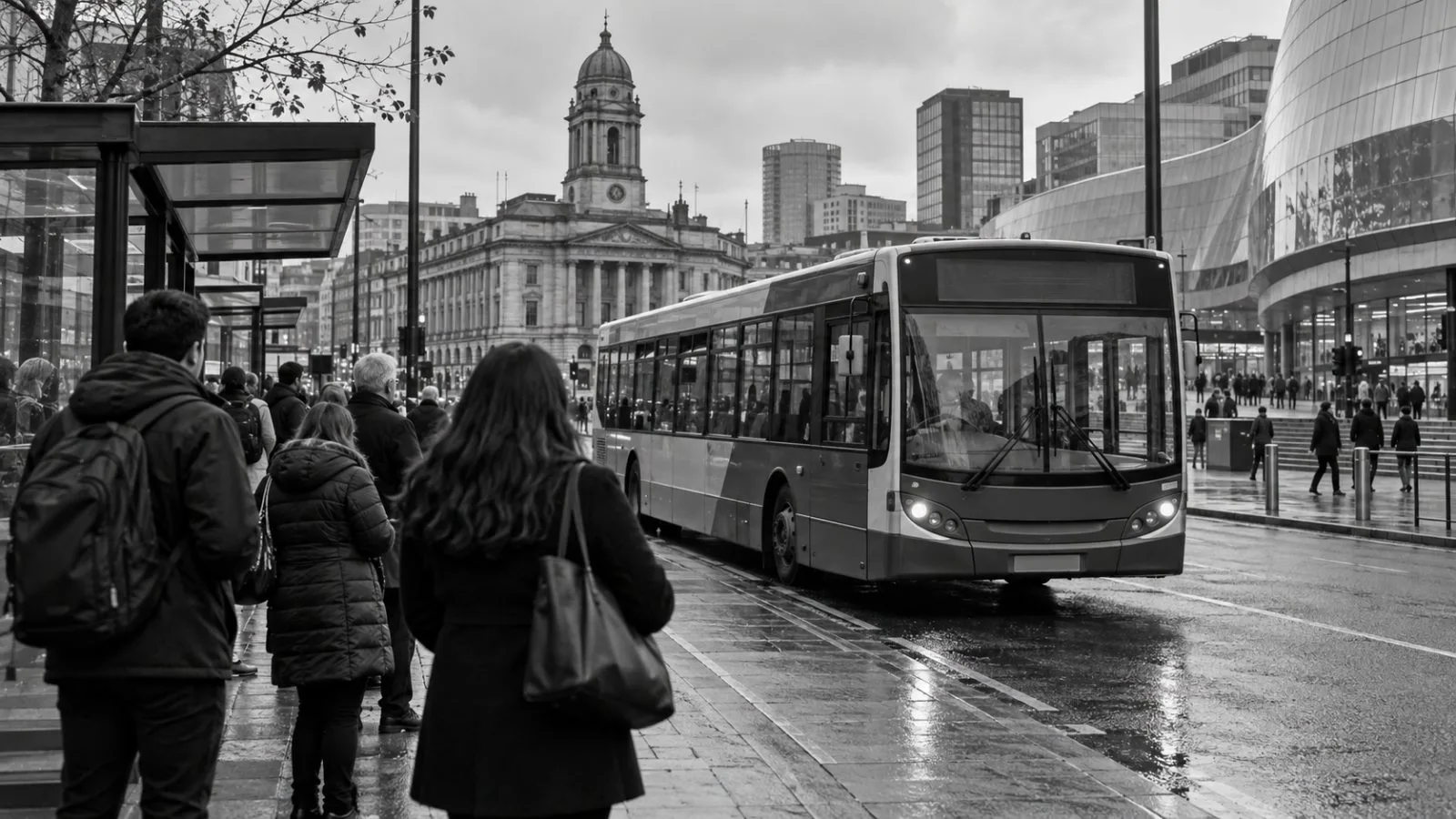 A city bus pulls into a stop in Birmingham, England, as commuters wait. (AI-generated image / EconoTimes)