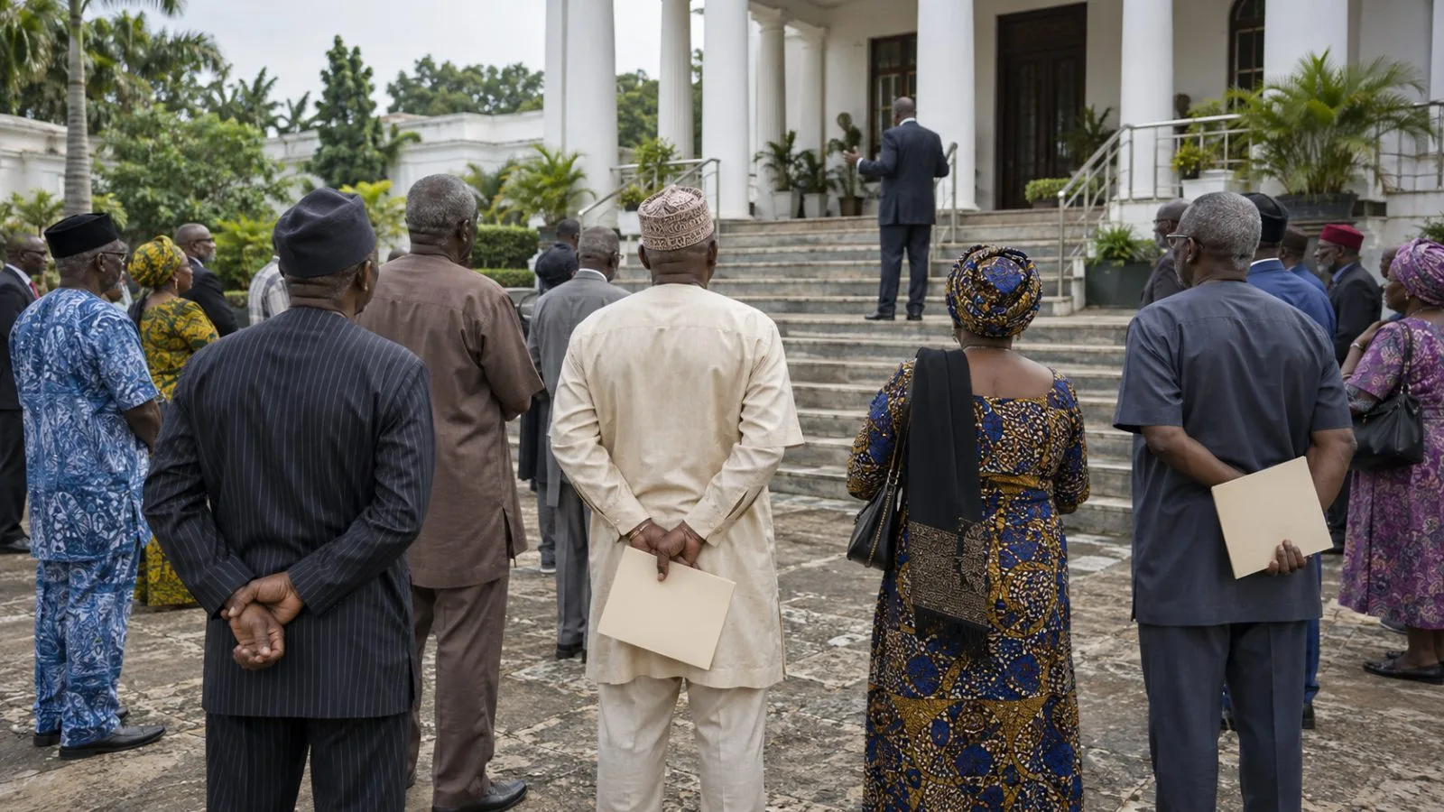 Retirees gather for a delegation visit at Government House in Benin City, Nigeria. (AI-generated image / EconoTimes)