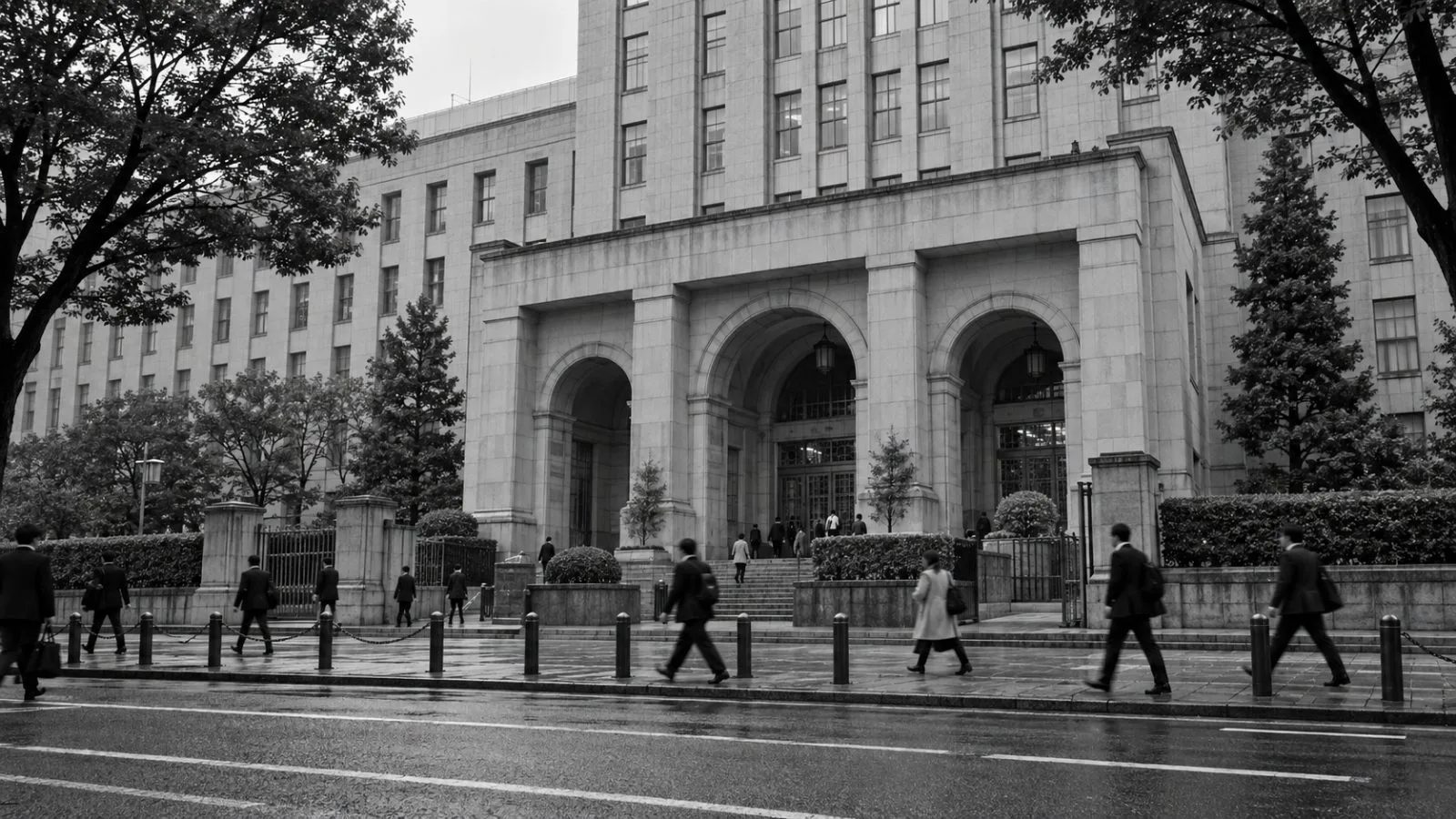 Commuters pass Japan’s Ministry of Finance in Tokyo’s Kasumigaseki district on an overcast morning. (AI-generated image / EconoTimes)
