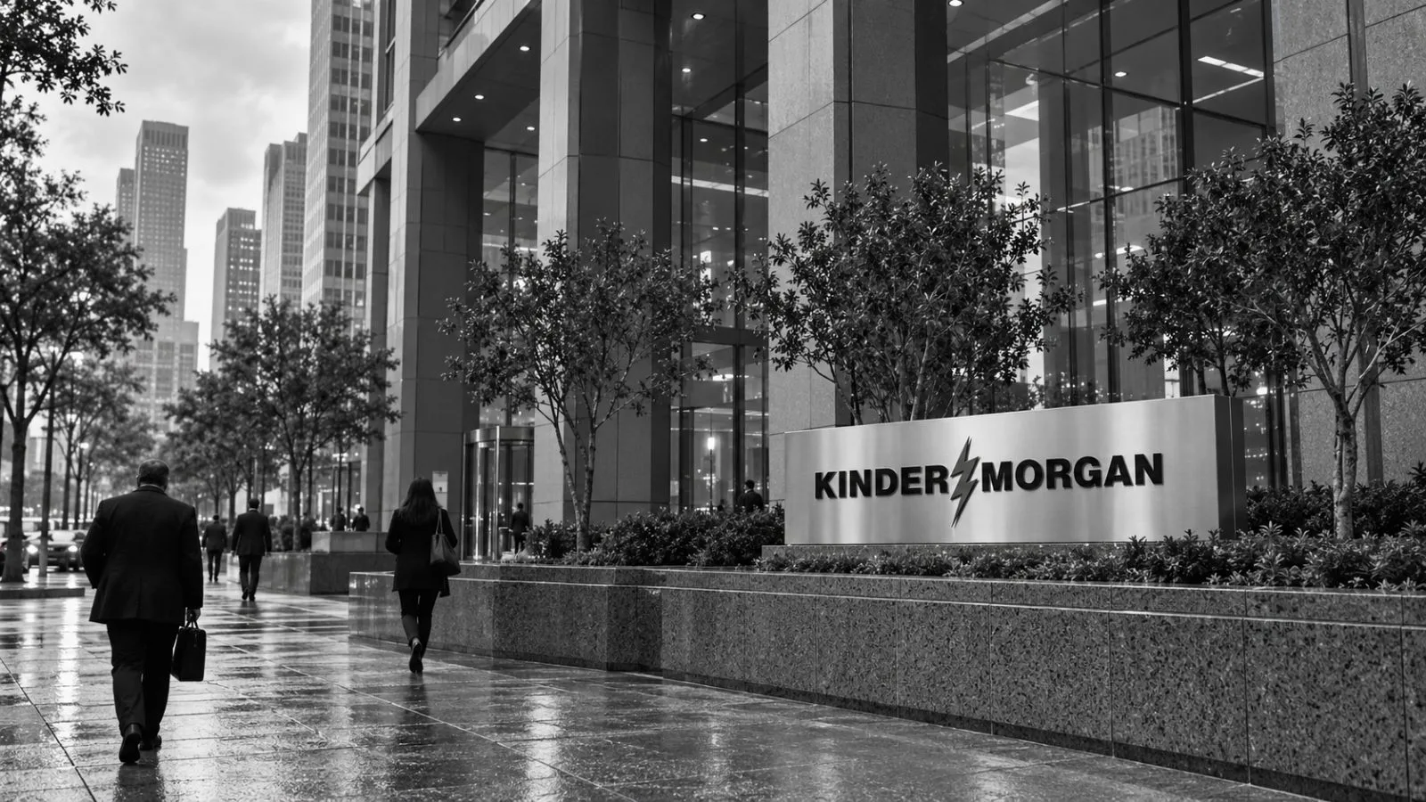 Pedestrians pass a corporate office building in Houston beneath an overcast sky. / EconoTimes.ai