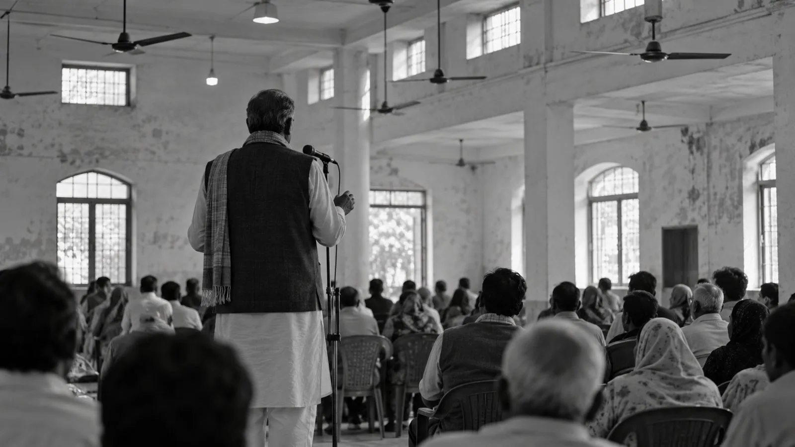 Attendees face a microphone during a political commemoration in Patna, India. (AI-generated image / EconoTimes)