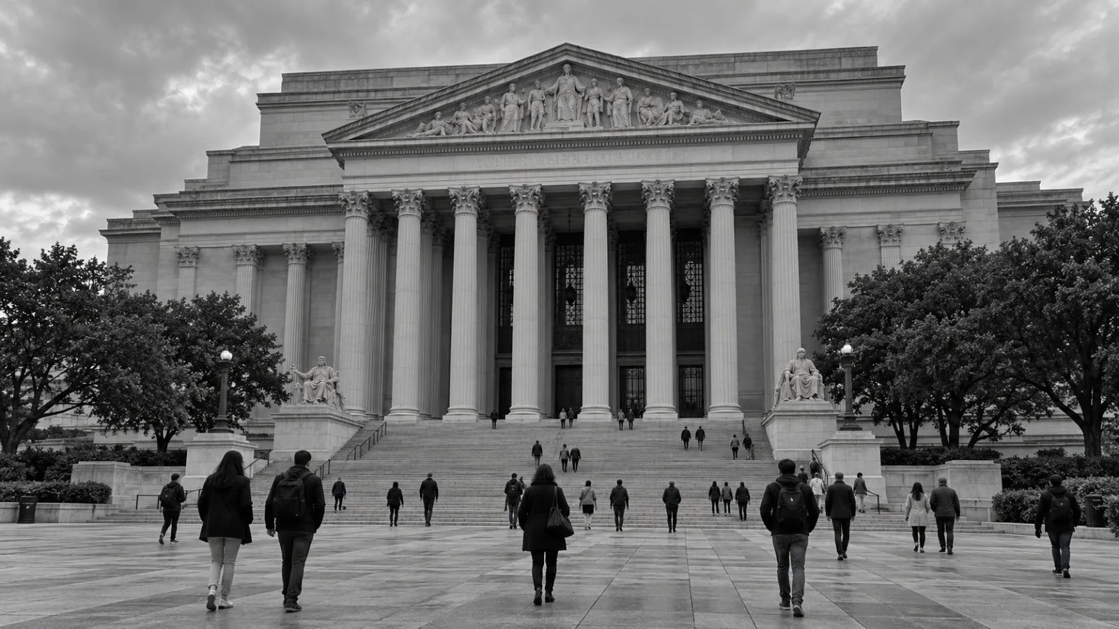 Visitors cross the plaza outside the National Archives Building in Washington, D.C. (AI-generated image / EconoTimes)