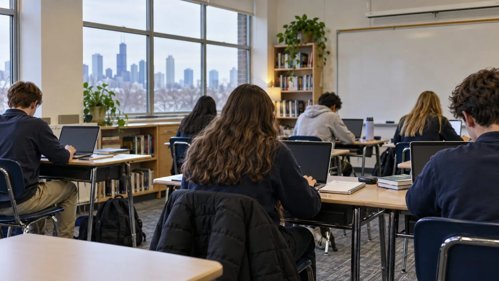Students work at laptops during an academic block at Alpha School in Chicago (AI-generated image / EconoTimes)