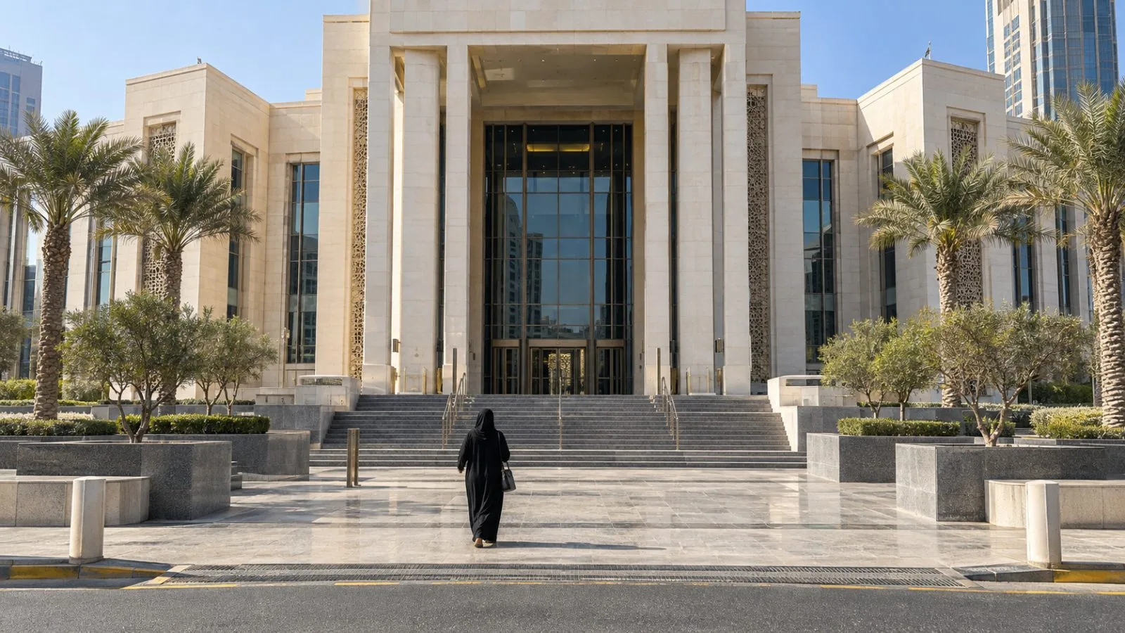 A visitor approaches the Abu Dhabi Federal Court of Appeal entrance in morning light. (AI-generated image / EconoTimes)