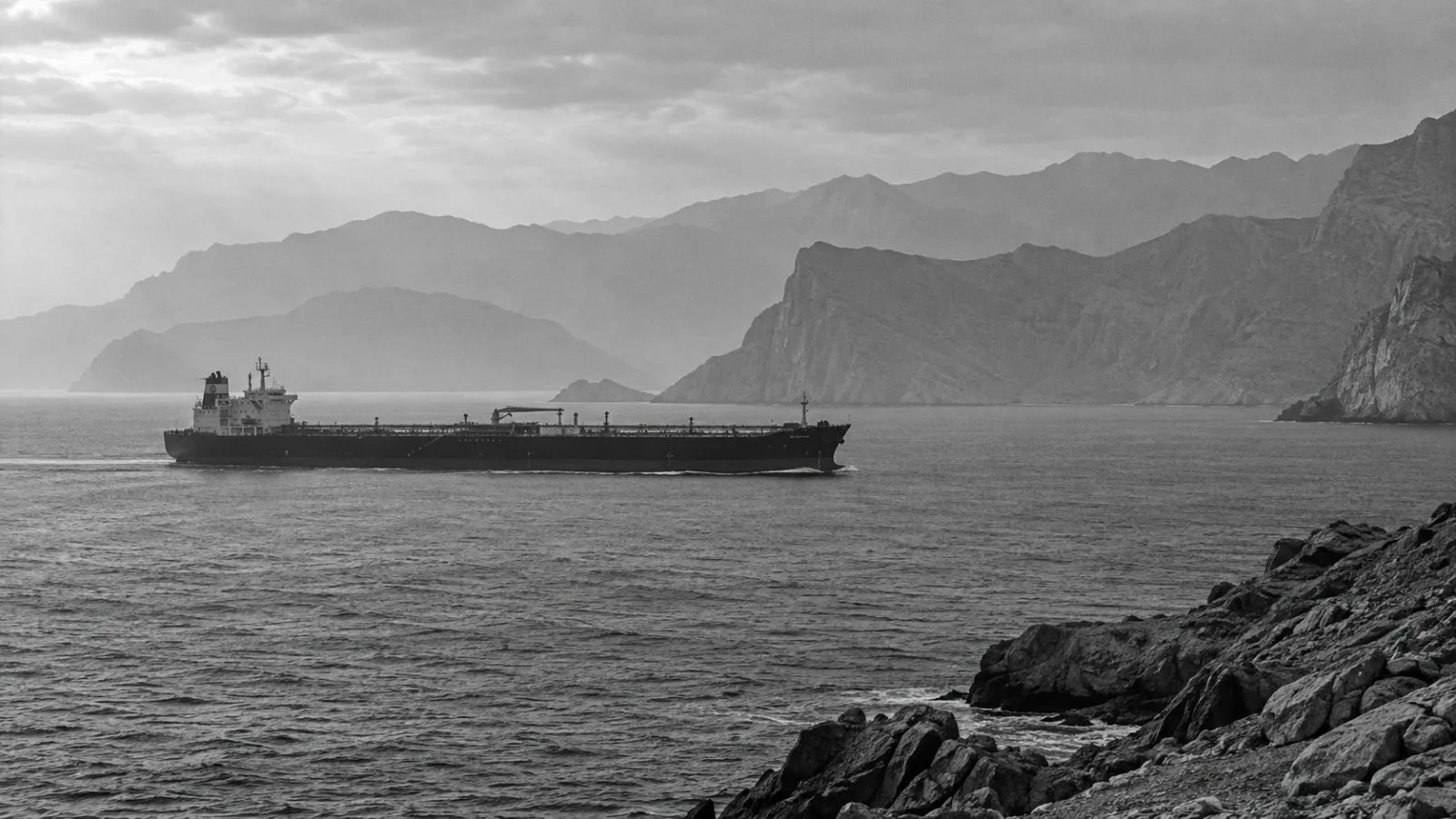 A crude tanker crosses the Strait of Hormuz off Khasab, Oman. (AI-generated image / EconoTimes)