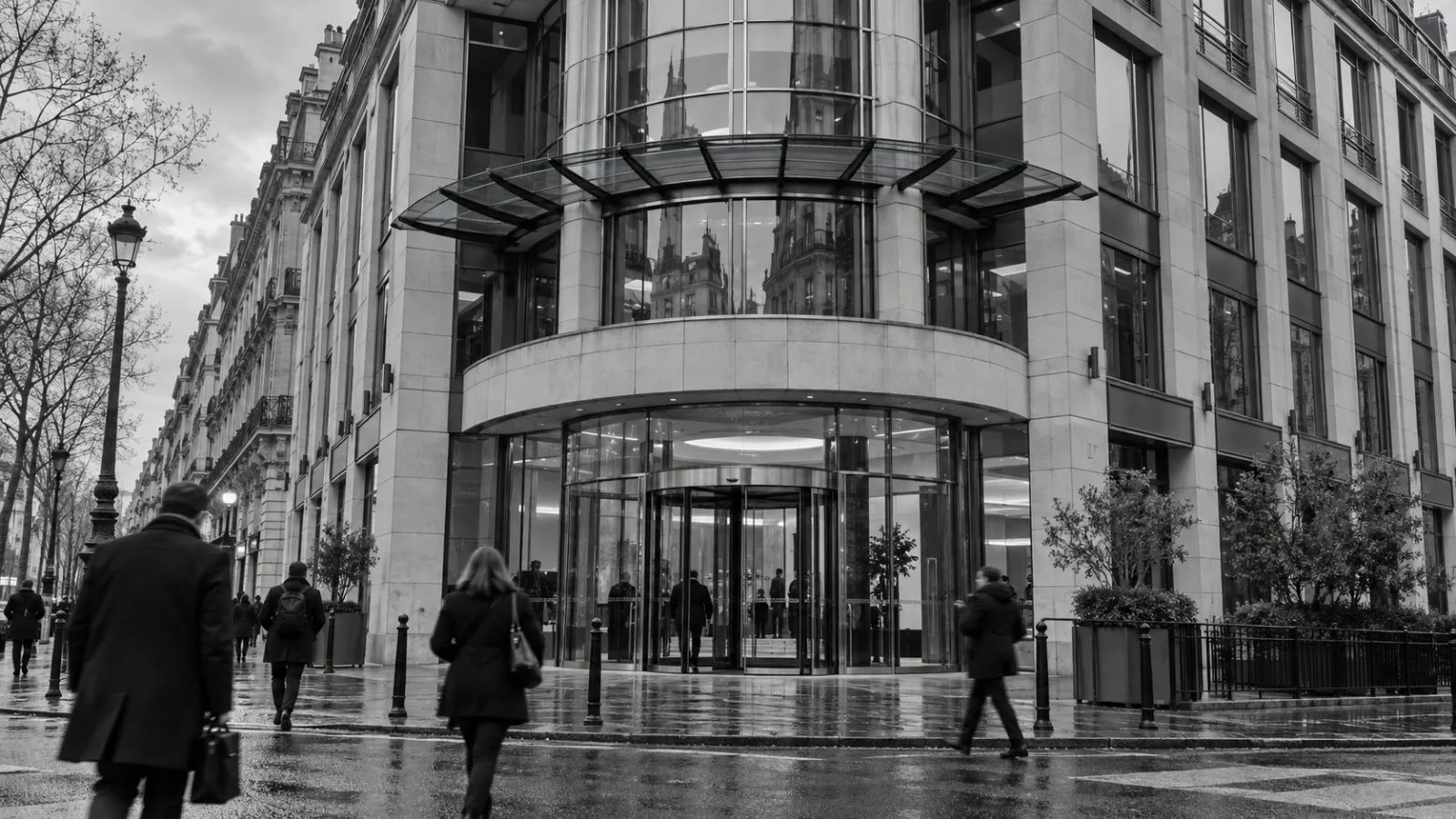 Pedestrians pass the French financial markets regulator's offices in Paris under overcast skies. (AI-generated image / EconoTimes)