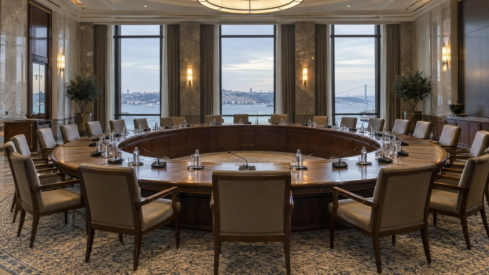 An oval conference table with microphones stands in a meeting room in Istanbul, Türkiye. (AI-generated image / EconoTimes)