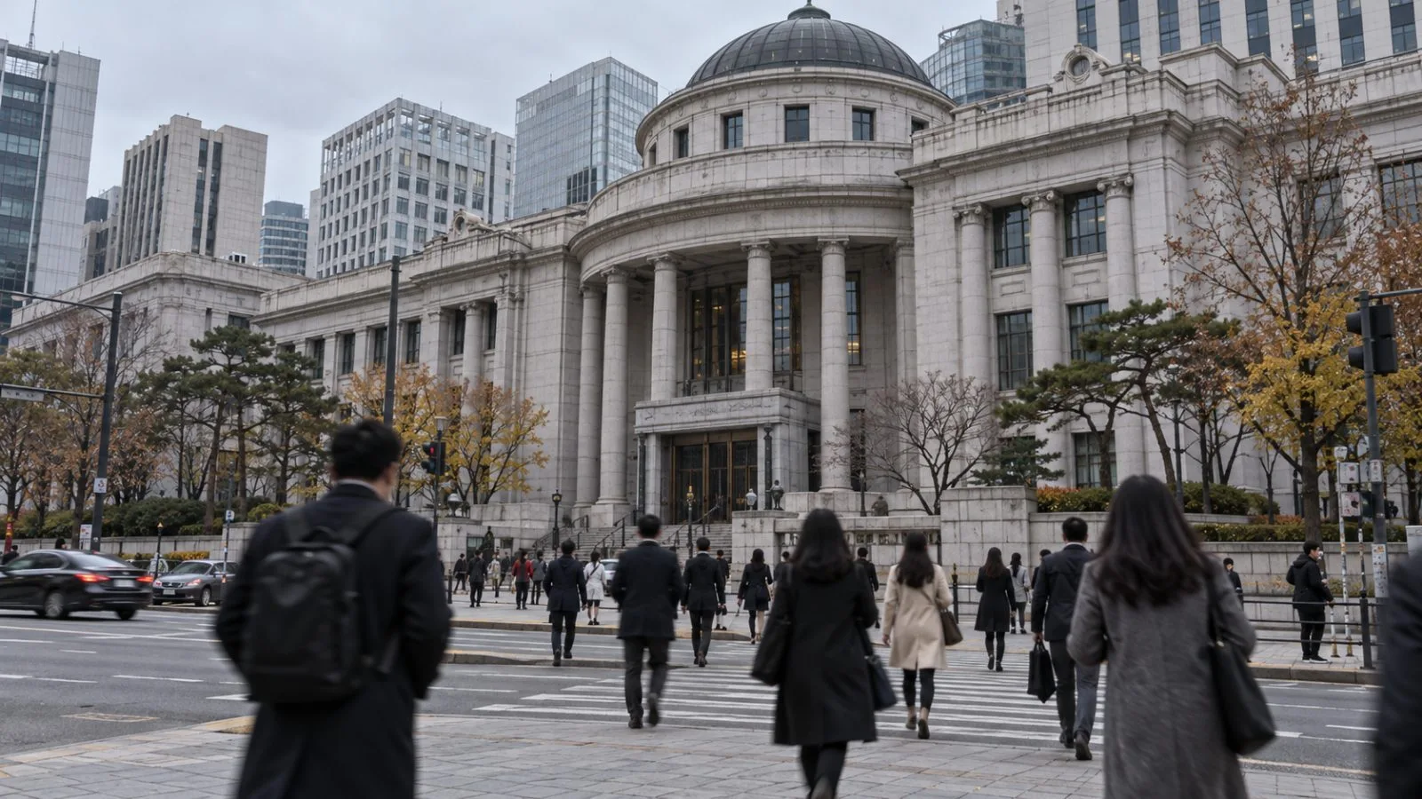 Pedestrians pass the Bank of Korea building in central Seoul, South Korea. (AI-generated image / EconoTimes)