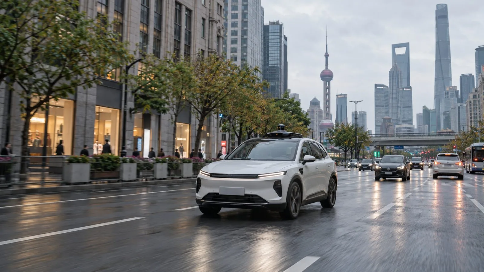 An autonomous taxi with a roof-mounted lidar sensor travels along a Shanghai street. (AI-generated image / EconoTimes)