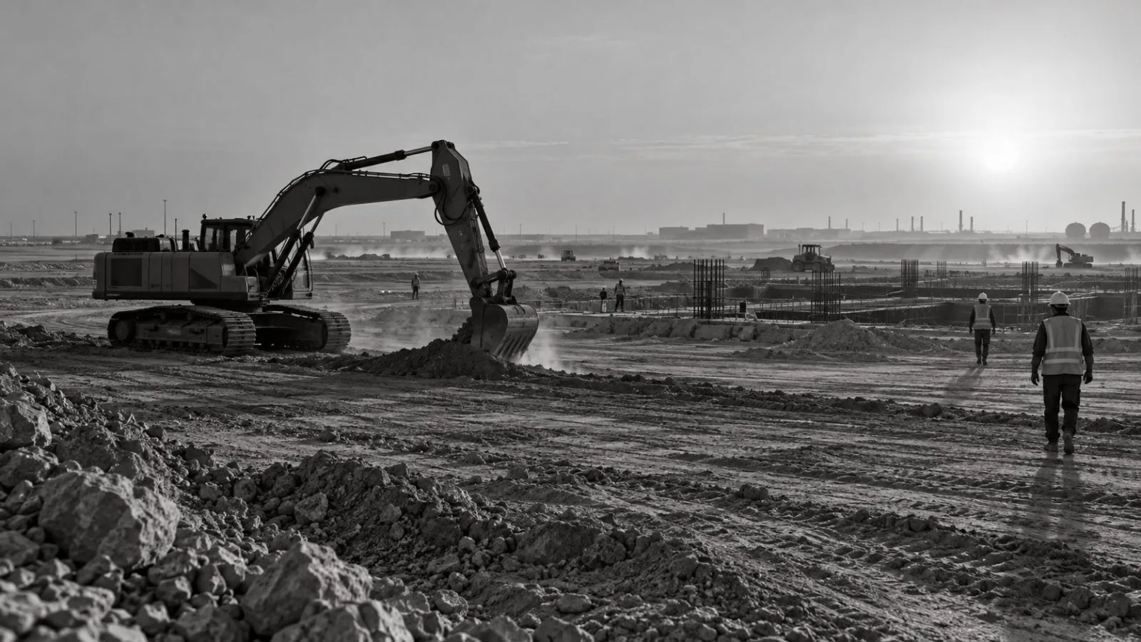 Earth-moving equipment grades a construction site at EcoPark in Abu Dhabi, United Arab Emirates. (AI-generated image / EconoTimes)