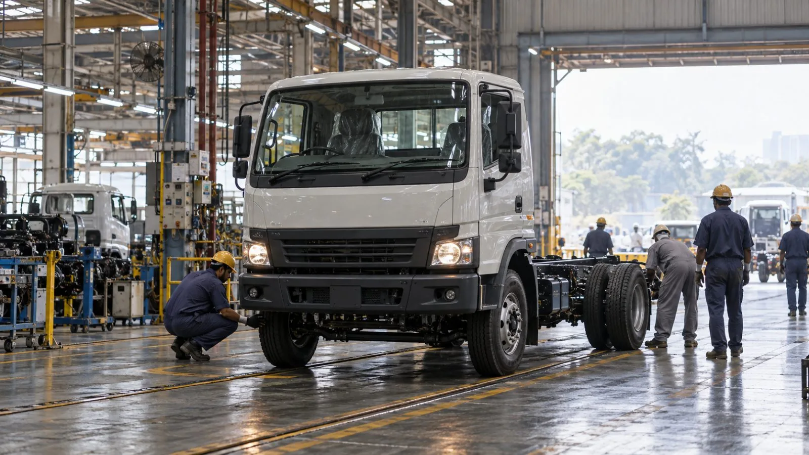 A commercial truck rolls past workers inside an assembly plant in Pimpri, Pune, India. (AI-generated image / EconoTimes)