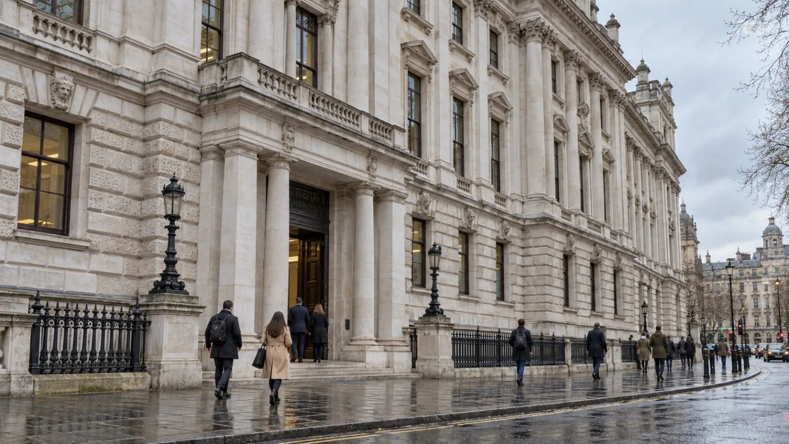 Pedestrians pass the HM Treasury building on Horse Guards Road in Westminster, London. (AI-generated image / EconoTimes)