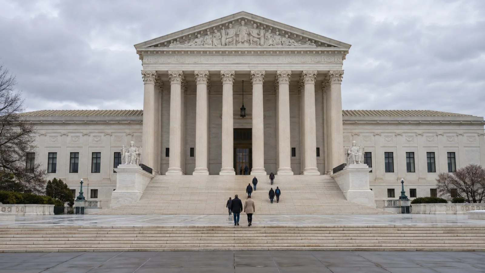 Visitors climb the steps of the U.S. Supreme Court in Washington, D.C., under overcast skies. (AI-generated image / EconoTimes)