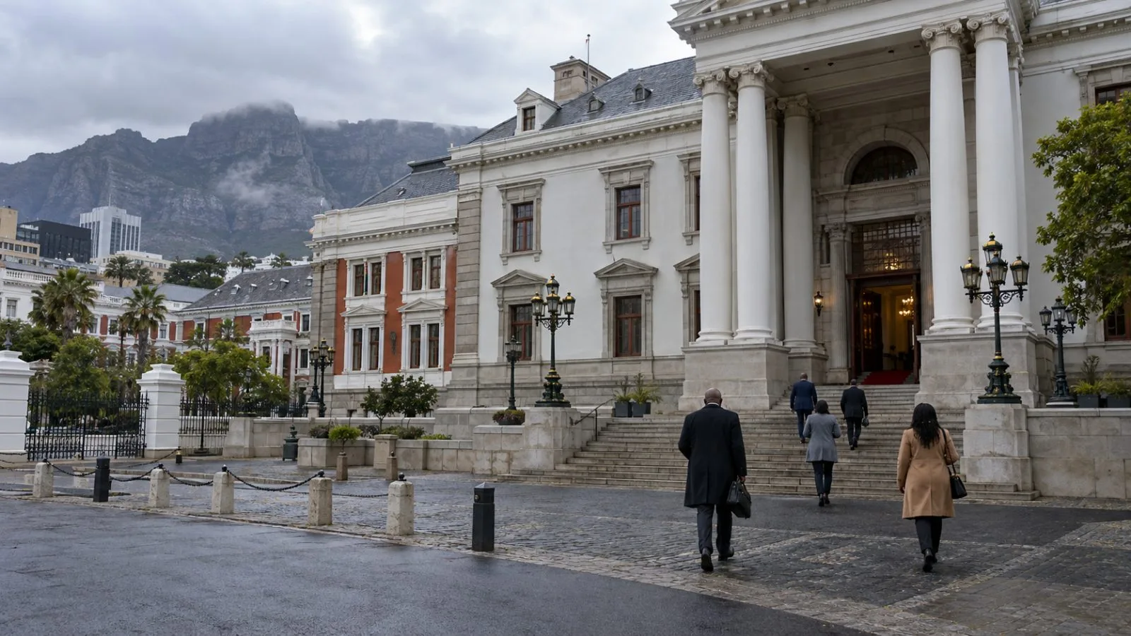 South Africa’s Parliament stands in diffuse morning light in Cape Town ahead of a budget update. (AI-generated image / EconoTimes)