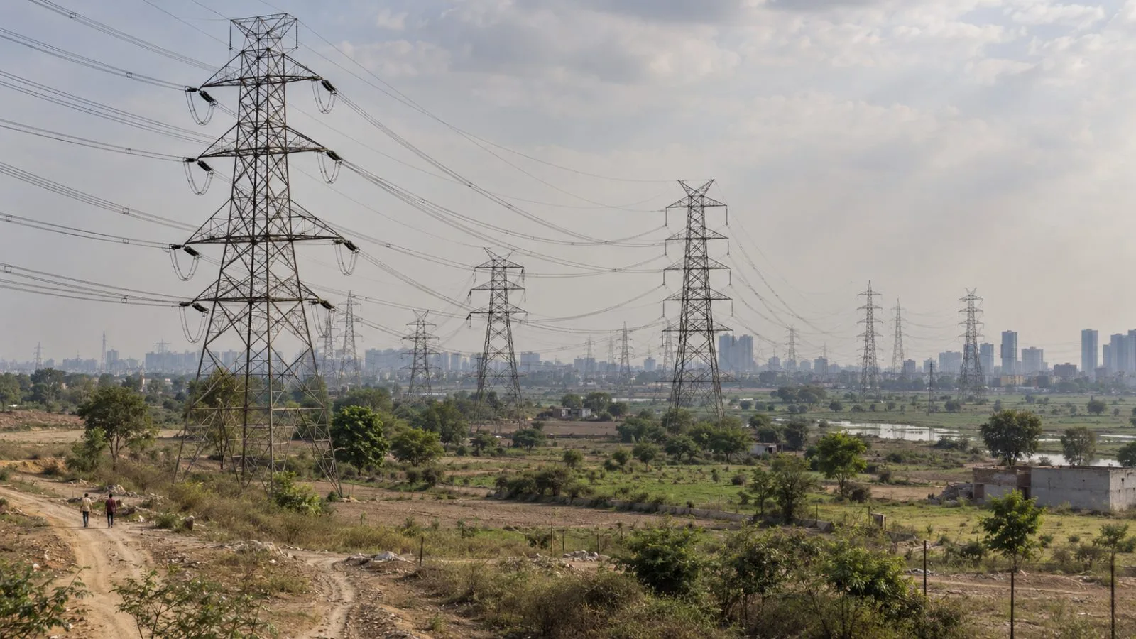 Transmission towers carry high-voltage lines across the outskirts of New Delhi, India. (AI-generated image / EconoTimes)