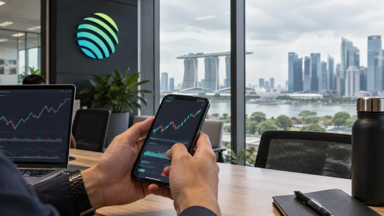 An anonymous hand checks a mobile trading screen in a Singapore office at dusk. / EconoTimes.ai