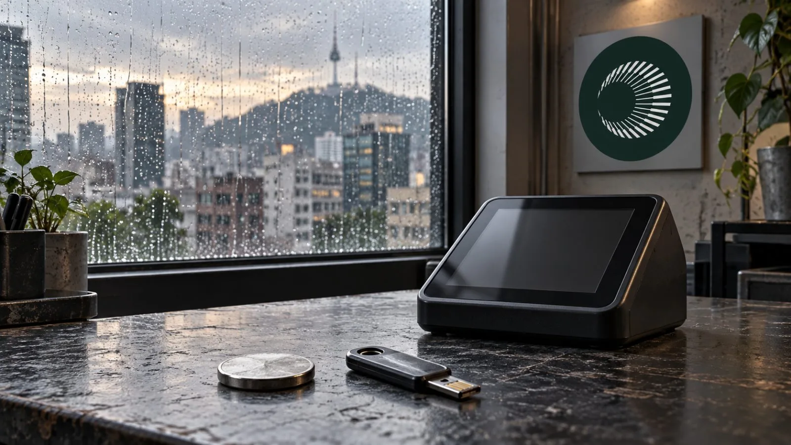An unmarked token rests beside a validator key in an illustrative Seoul studio scene. / EconoTimes.ai