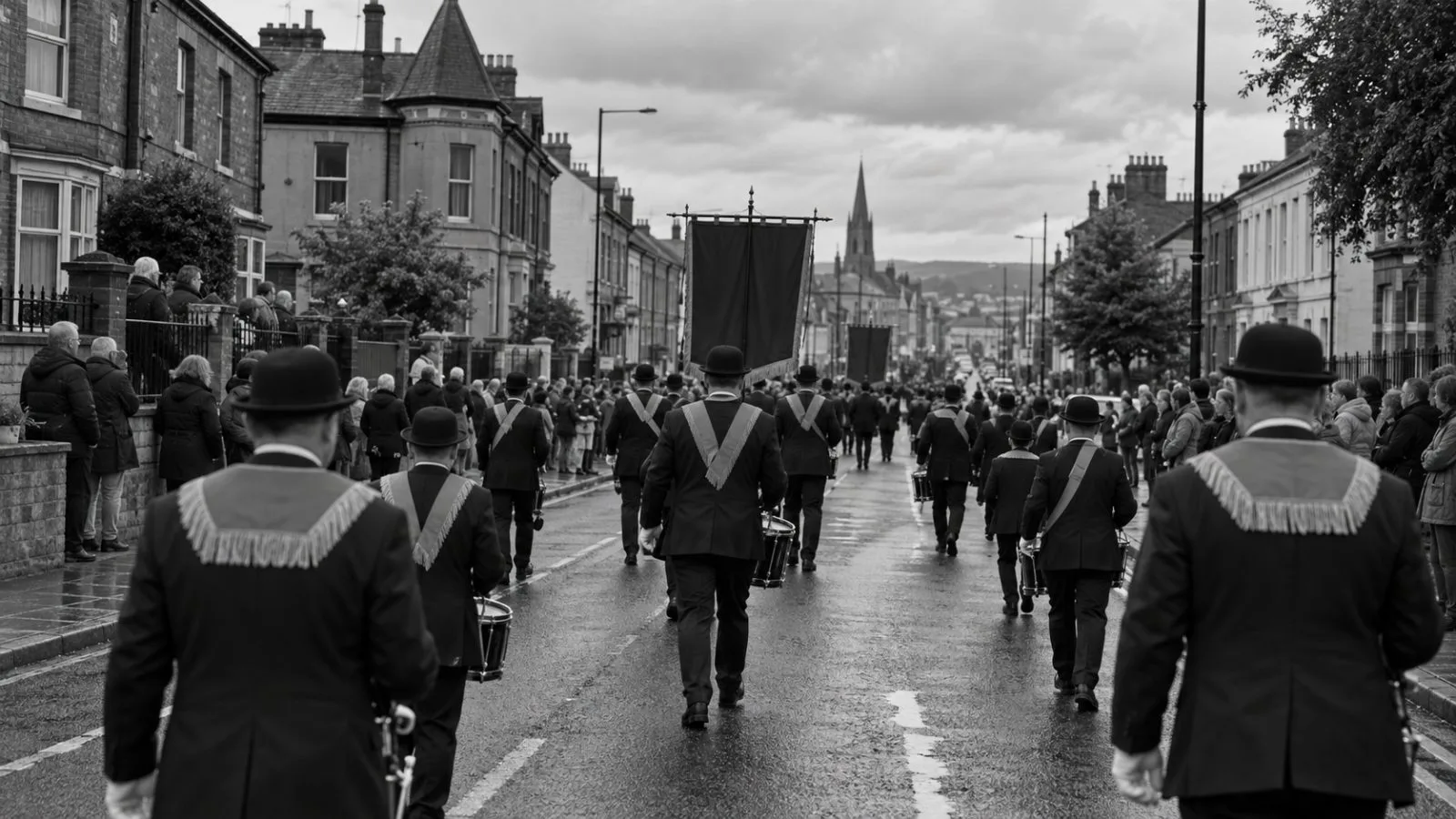 Orange Order members march through Portadown, Northern Ireland, during a Sunday parade (AI-generated image / EconoTimes)