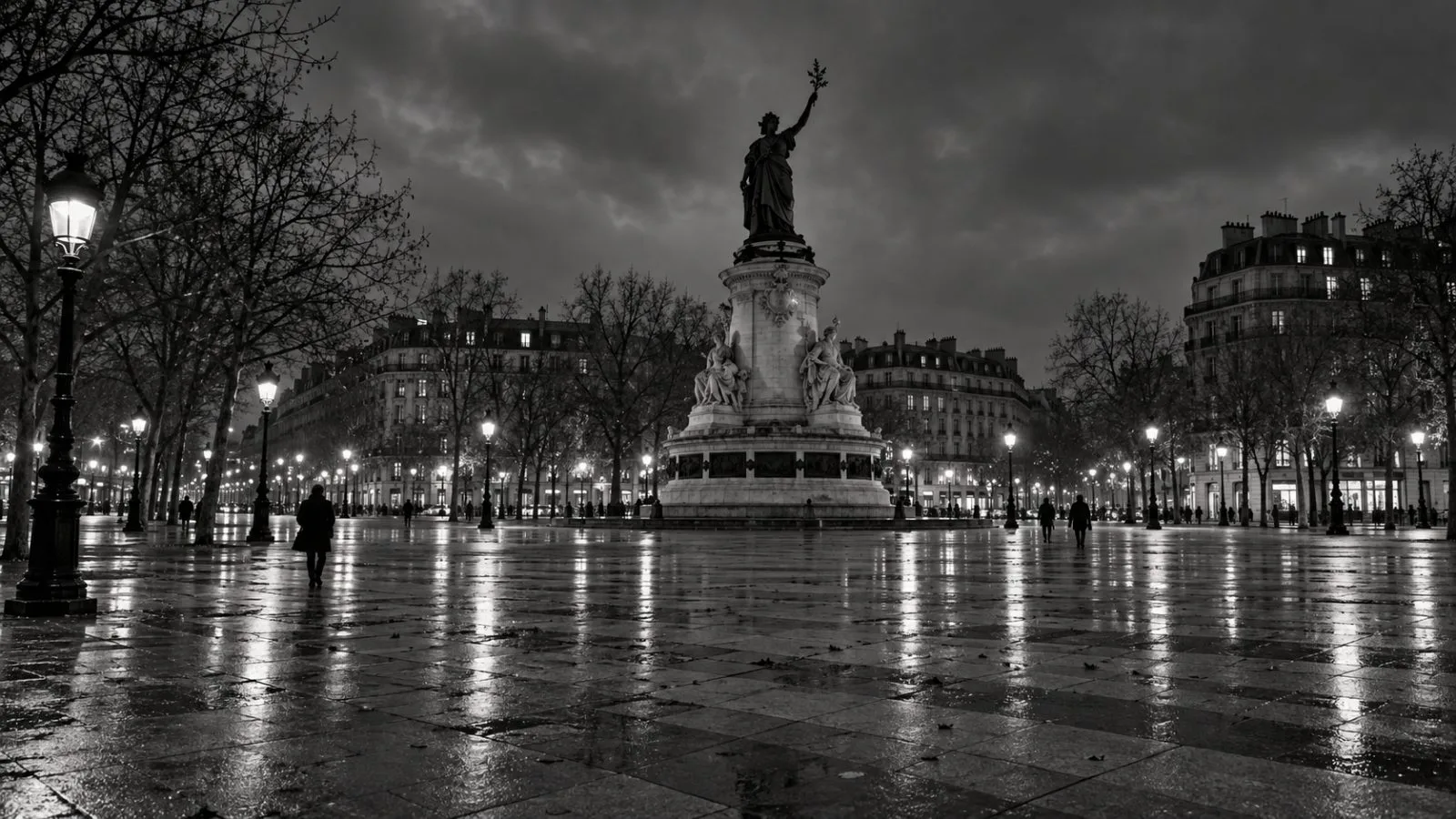 A few pedestrians cross Place de la République in Paris late at night. (AI-generated image / EconoTimes)