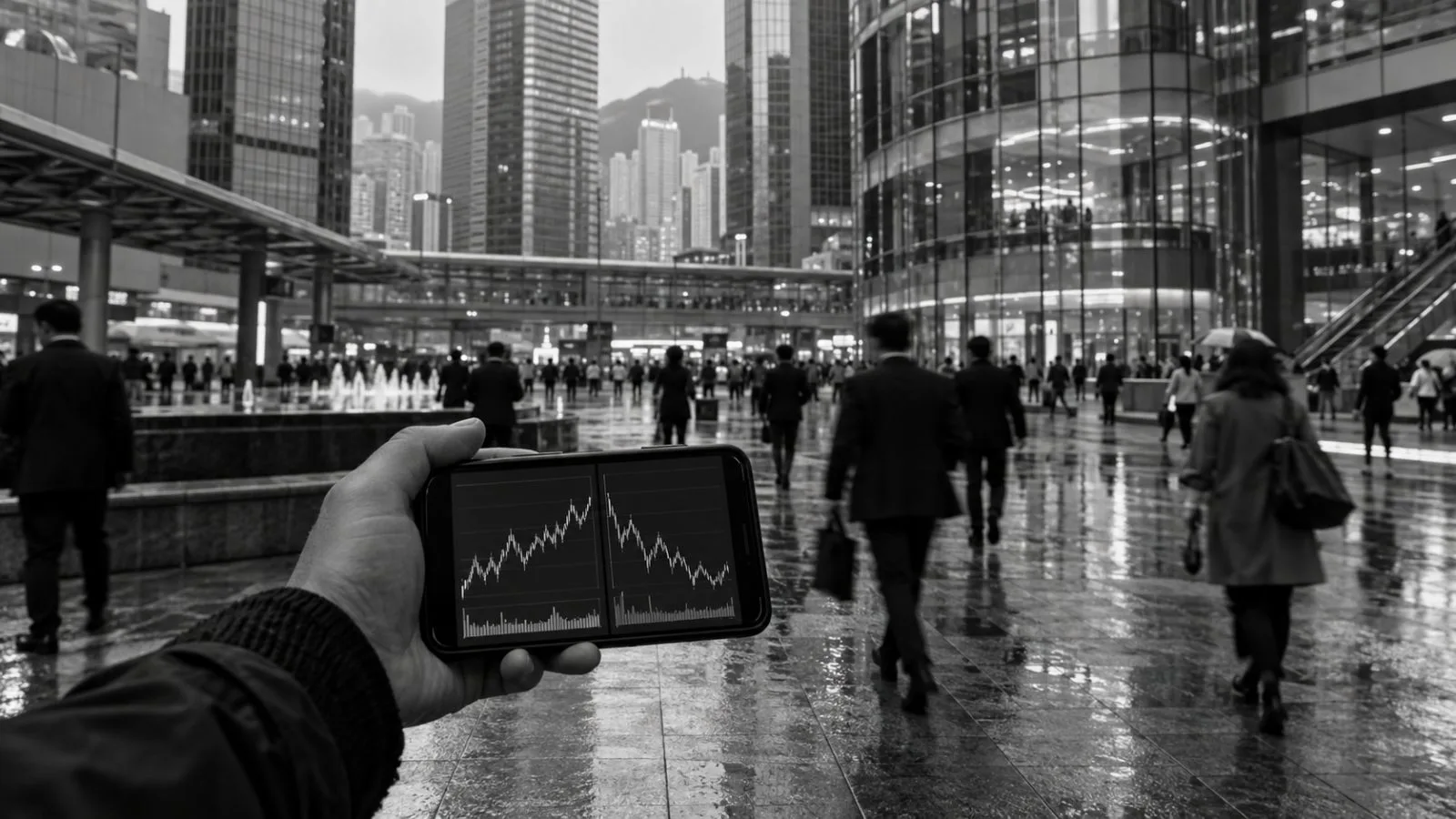 A passerby checks futures data on a phone near Exchange Square in Hong Kong. (AI-generated image / EconoTimes)