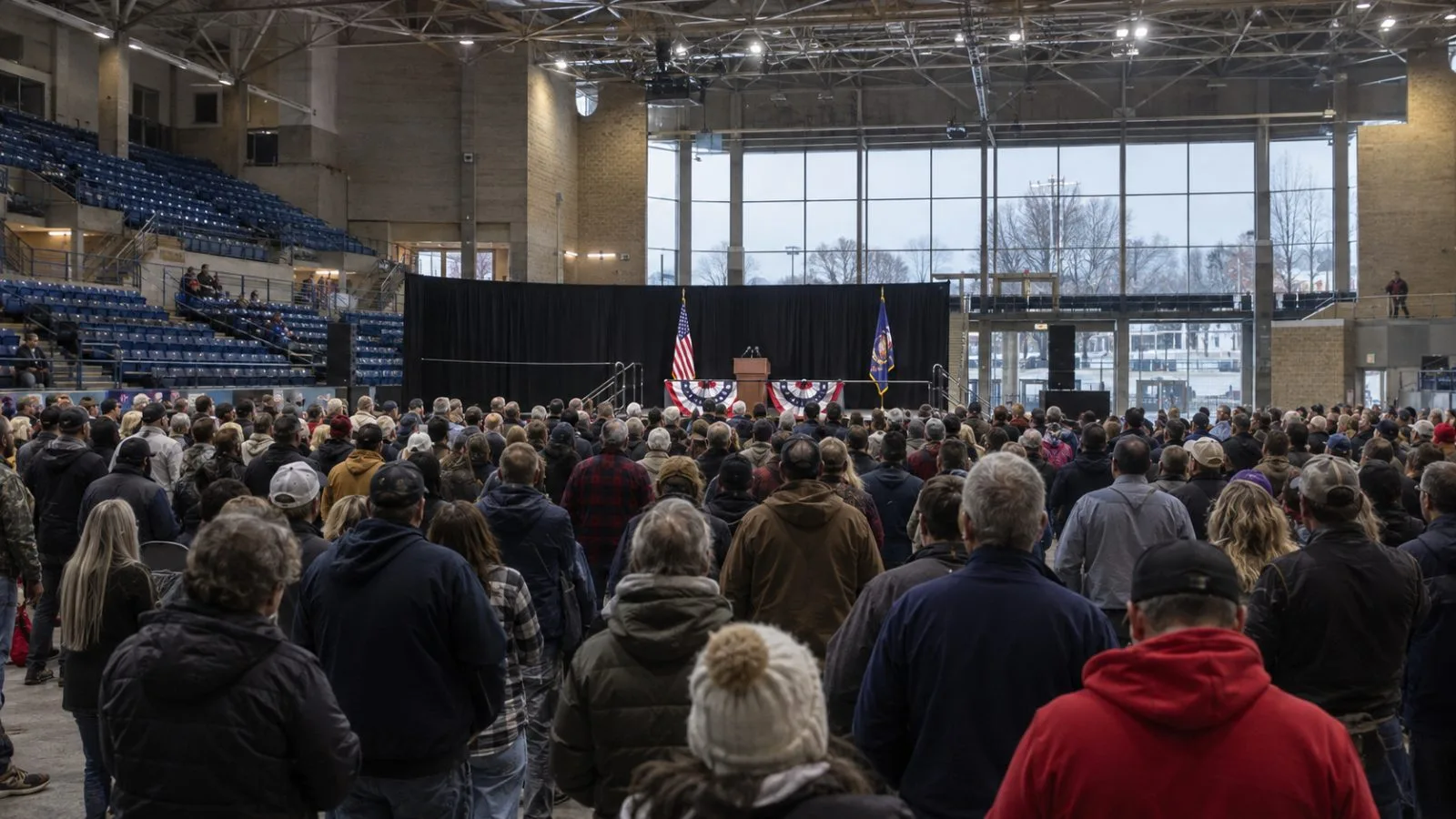 Rallygoers face a stage inside McMorran Place Arena in Port Huron, Michigan. (AI-generated image / EconoTimes)