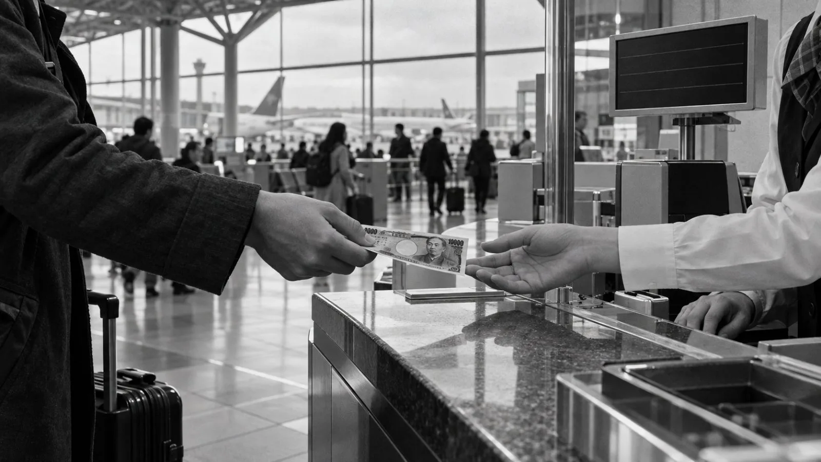 A traveler exchanges yen at a currency counter in Haneda Airport, Tokyo. (AI-generated image / EconoTimes)
