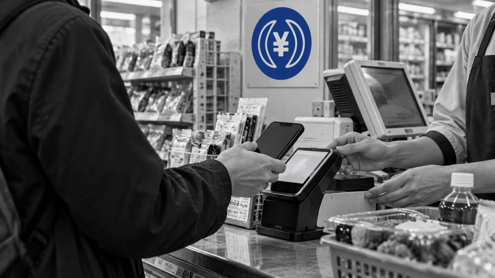 A shopper taps a smartphone at a convenience-store counter in Tokyo, Japan. / EconoTimes.ai