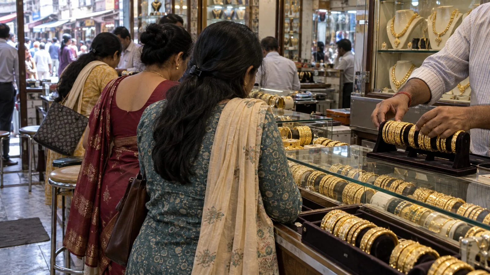 Shoppers browse gold bangles at a jewelry shop in Mumbai’s Zaveri Bazaar. (AI-generated image / EconoTimes)