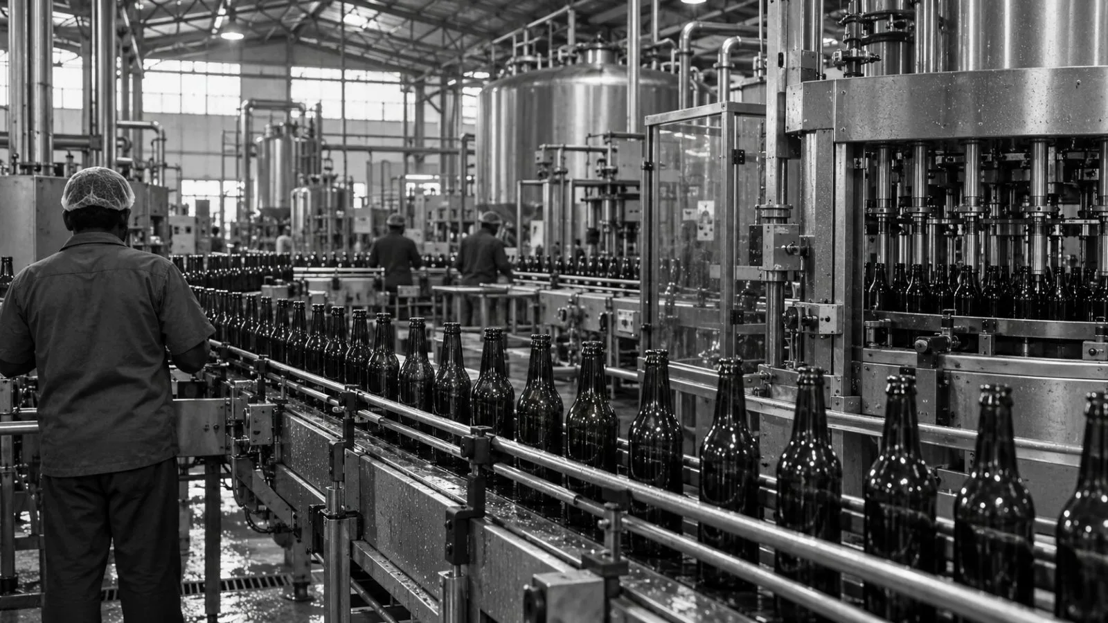 Workers watch beer bottles move along a bottling line in Alwar, India. (AI-generated image / EconoTimes)