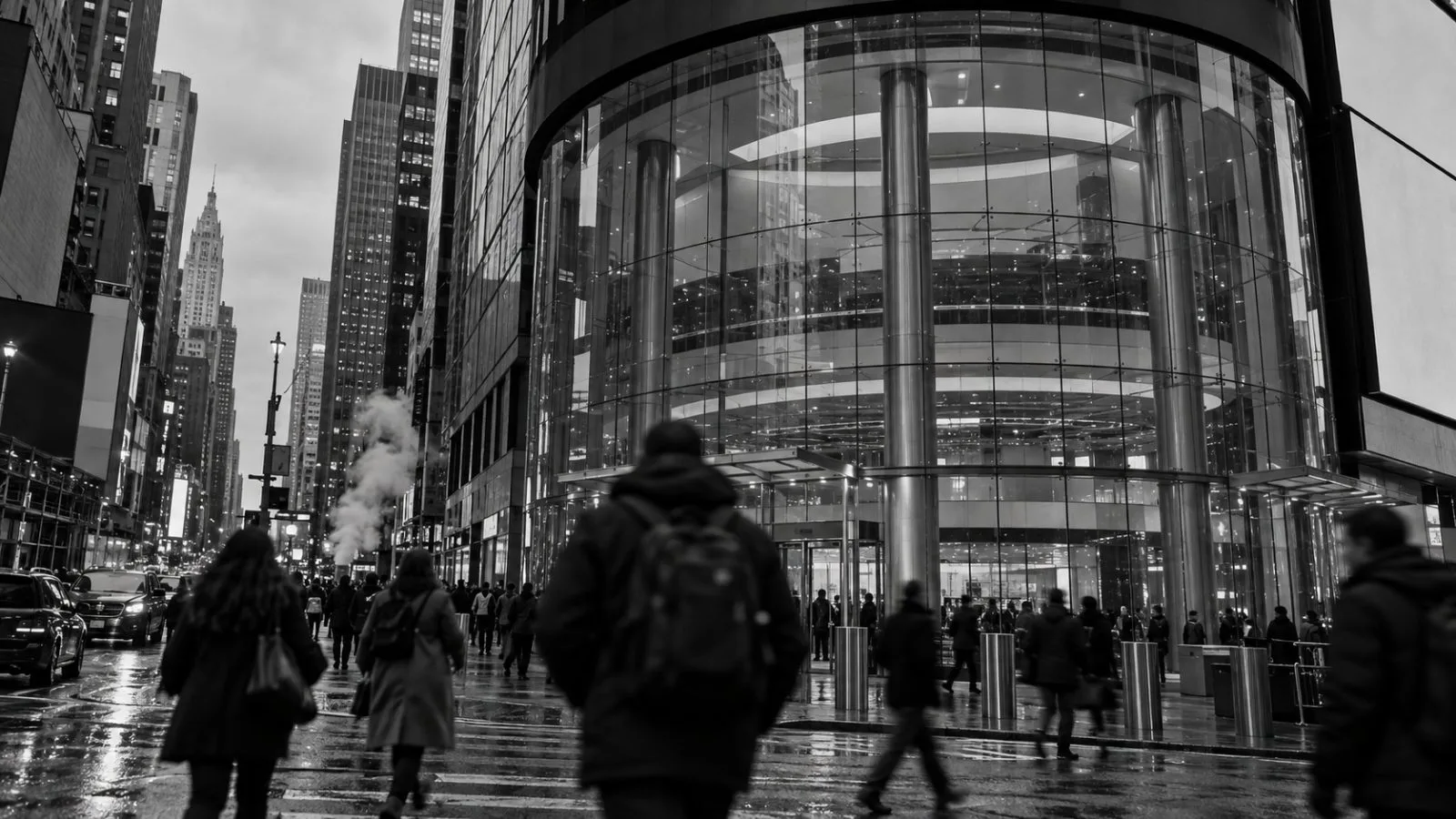 Pedestrians pass the Nasdaq MarketSite in New York's Times Square in late afternoon. (AI-generated image / EconoTimes)