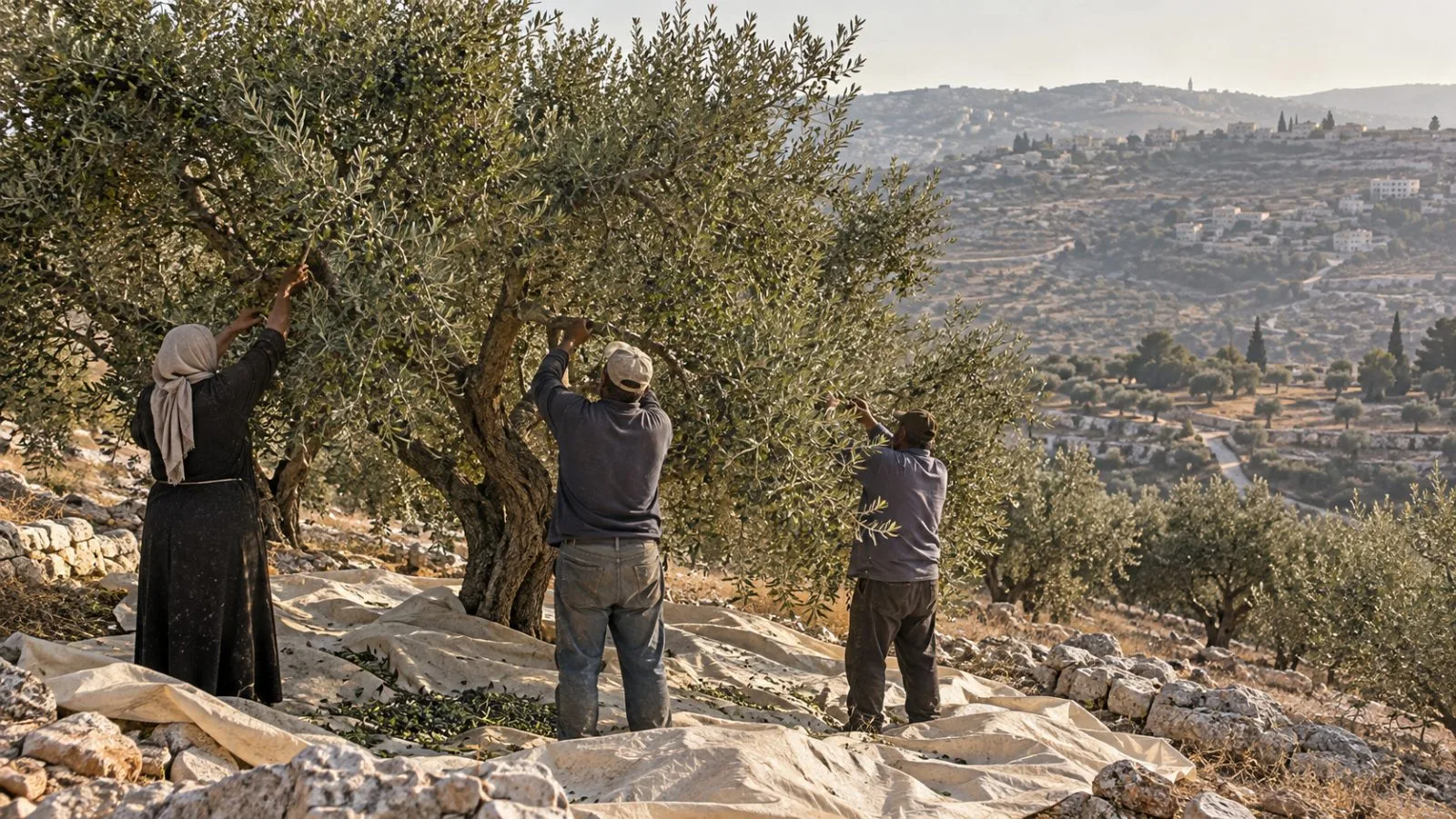 Palestinian farmers pick olives beneath the trees near Abu Falah in the West Bank. (AI-generated image / EconoTimes)