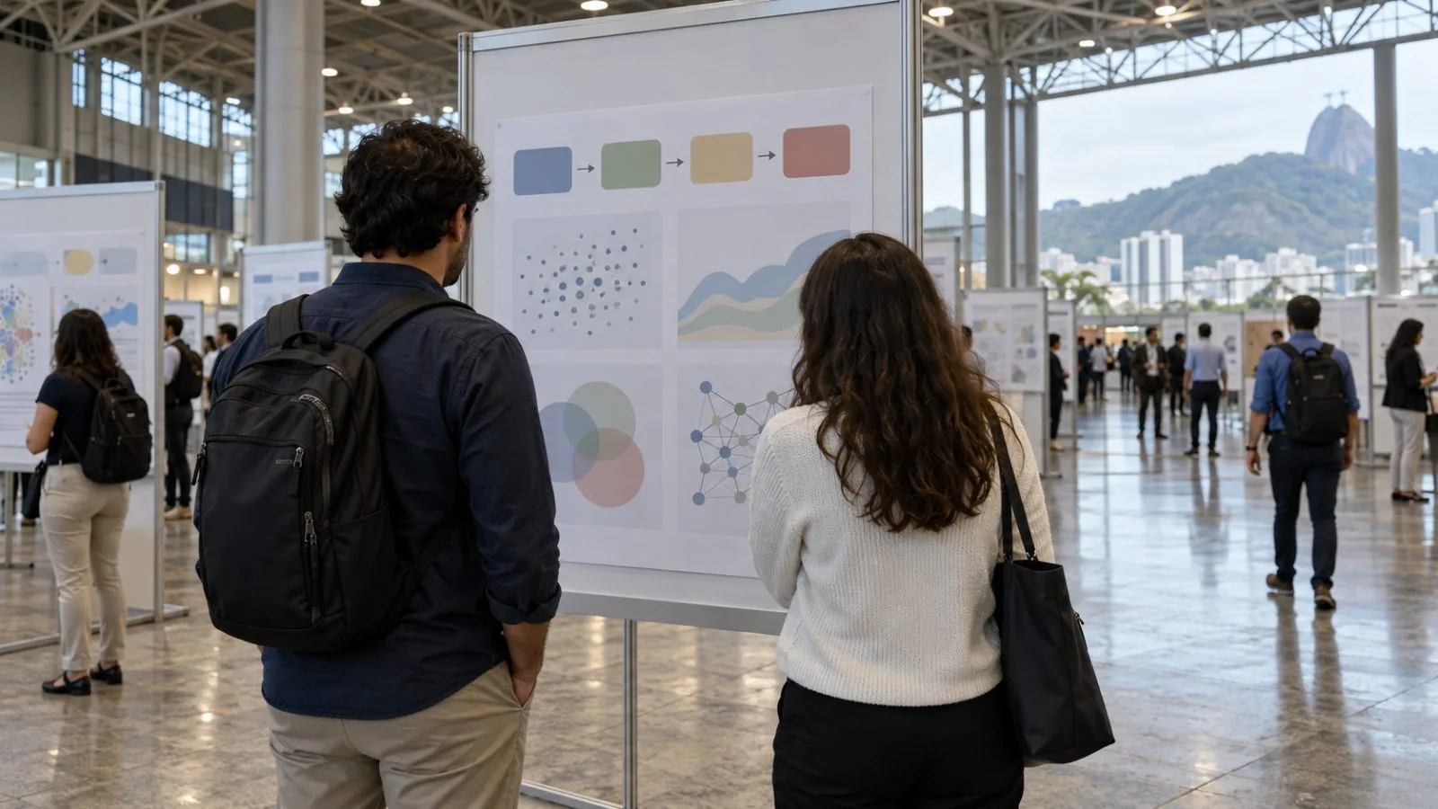 Attendees examine a research poster during ICLR 2026 at Riocentro in Rio de Janeiro. (AI-generated image / EconoTimes)
