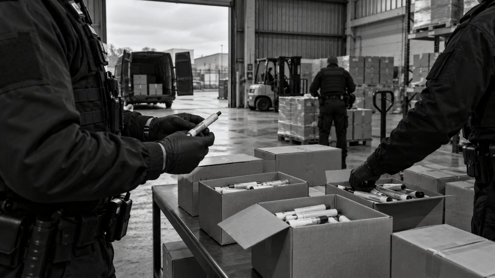 Unmarked cartons and injector pens sit inside an industrial unit in Birmingham, England. (AI-generated image / EconoTimes)