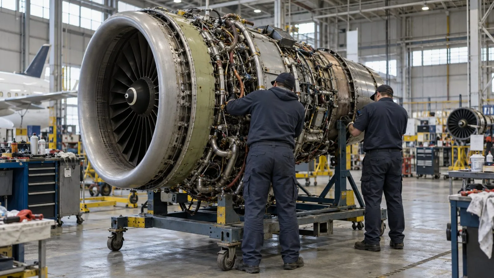 Technicians service a CFM56 engine module at an aircraft maintenance facility in Montreal, Canada (AI-generated image / EconoTimes)