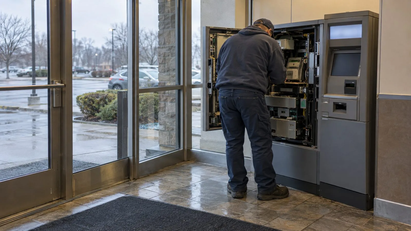 A cash-recycling ATM stands inside a bank vestibule in North Canton, Ohio. (AI-generated image / EconoTimes)