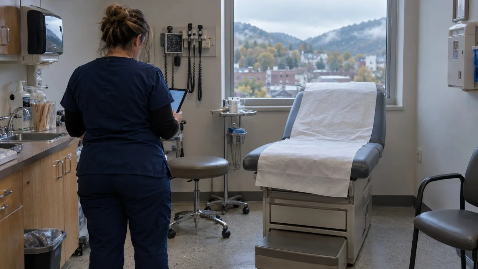 A nurse reviews a tablet in an examination room at a community clinic in Welch, West Virginia. (AI-generated image / EconoTimes)