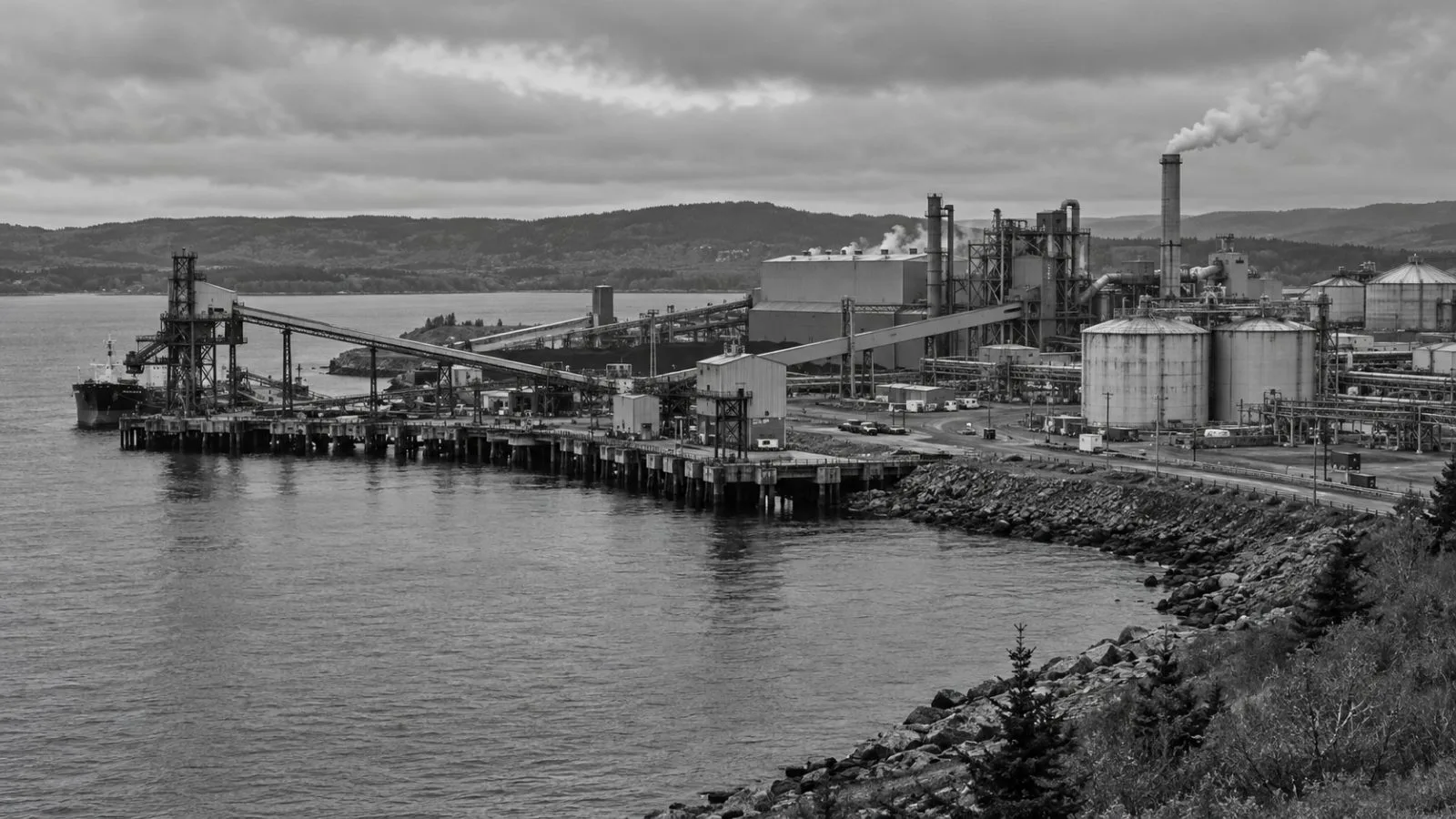 Industrial buildings stand along the waterfront at Point Tupper, Nova Scotia. (AI-generated image / EconoTimes)