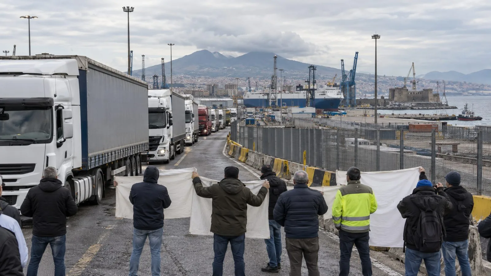 Trucks queue near a protest blockade at Naples’ commercial port in southern Italy (AI-generated image / EconoTimes)