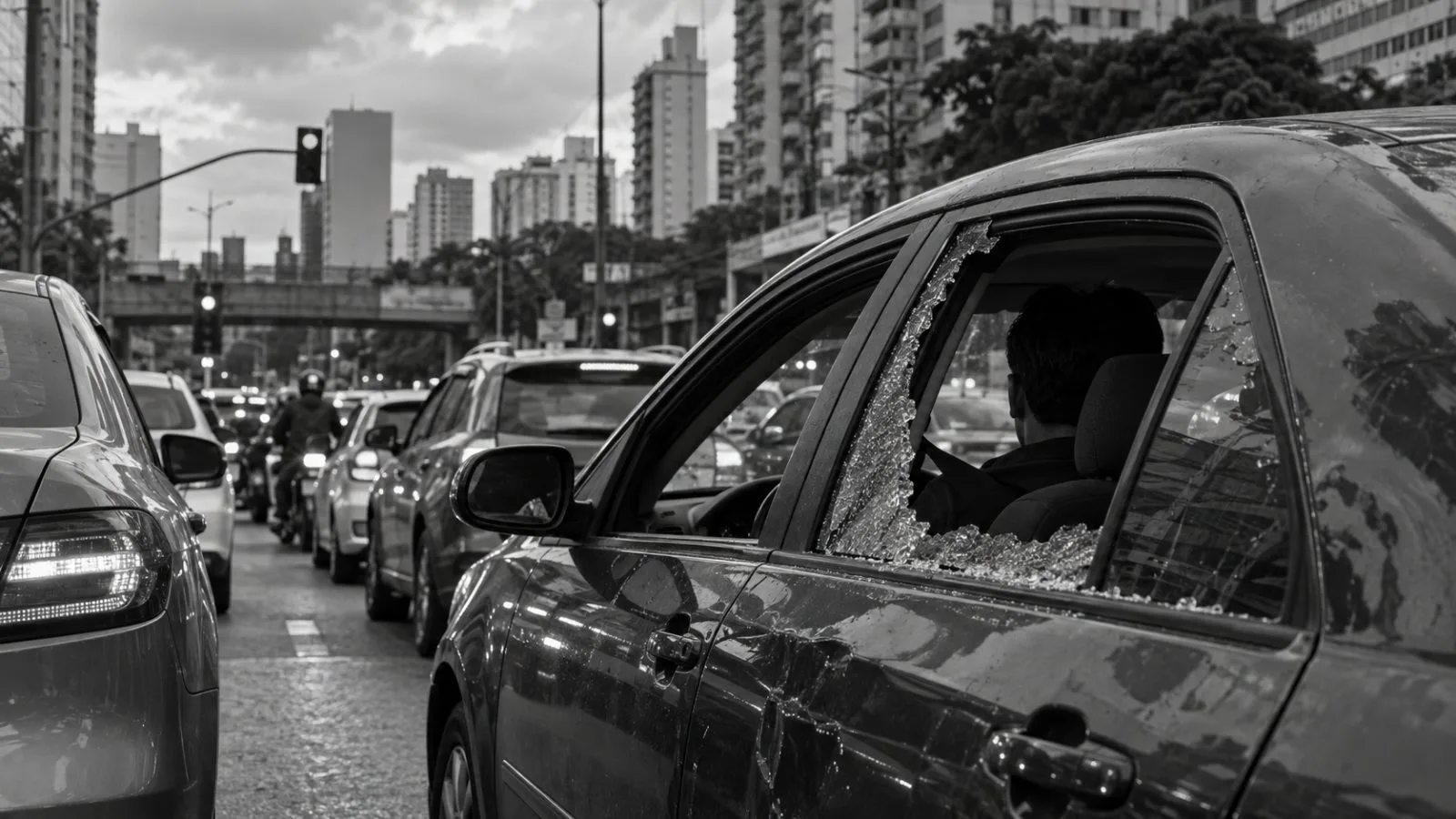 A car with a shattered side window sits beside traffic in São Paulo. (AI-generated image / EconoTimes)