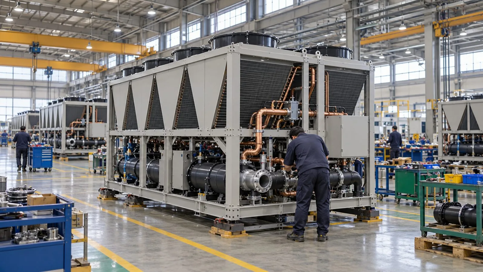A worker inspects an industrial chiller on LG Electronics' production floor in Changwon, South Korea. / EconoTimes.ai