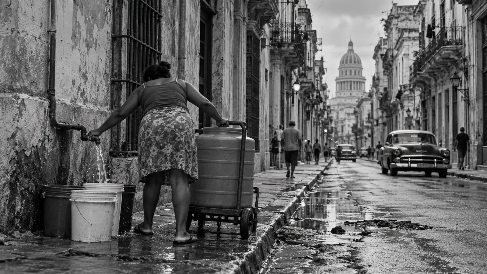 A resident wheels a water tank along a street in Old Havana, Cuba. (AI-generated image / EconoTimes)