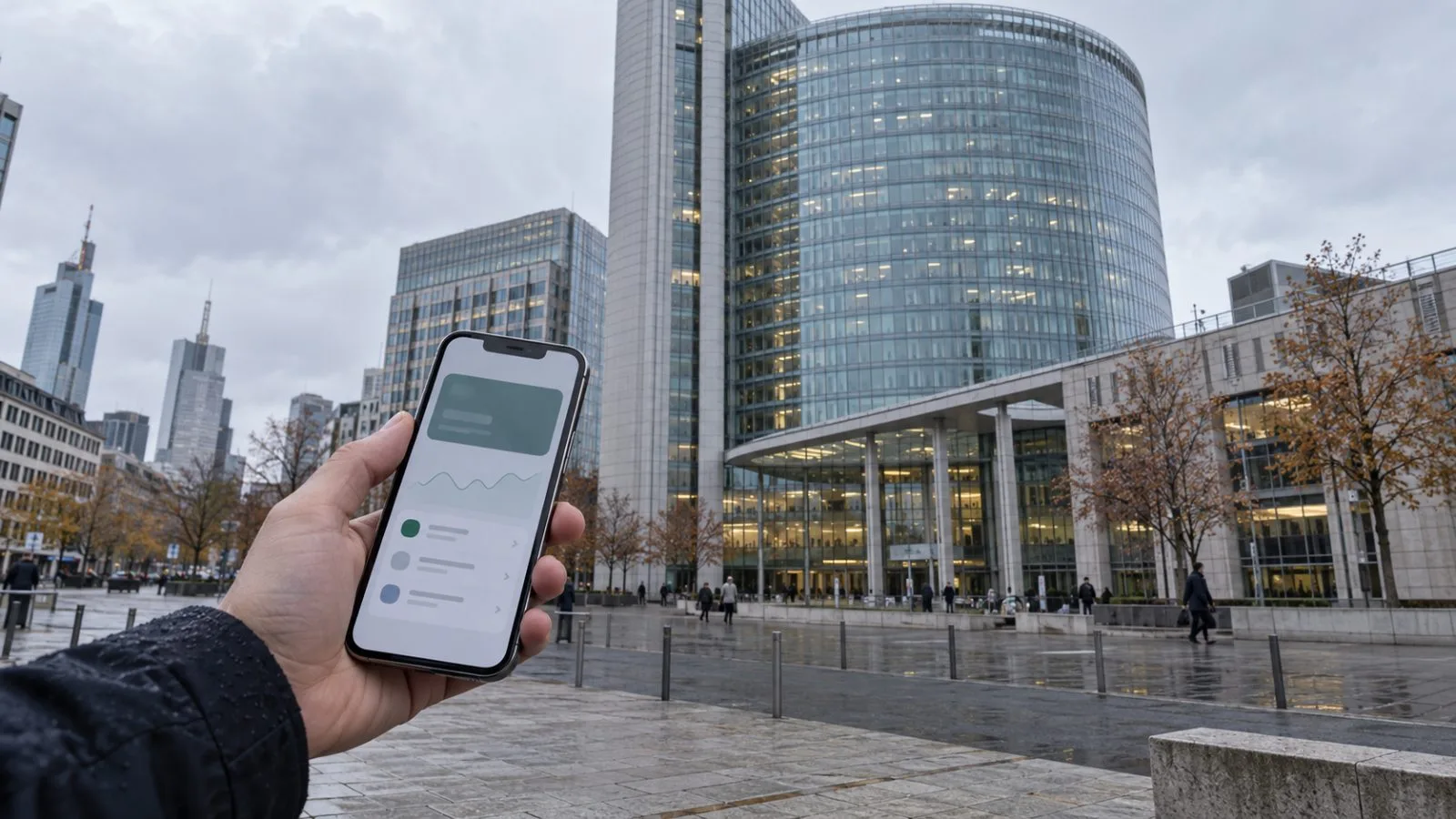 A passerby checks a mobile banking app outside DZ BANK headquarters in Frankfurt, Germany. (AI-generated image / EconoTimes)