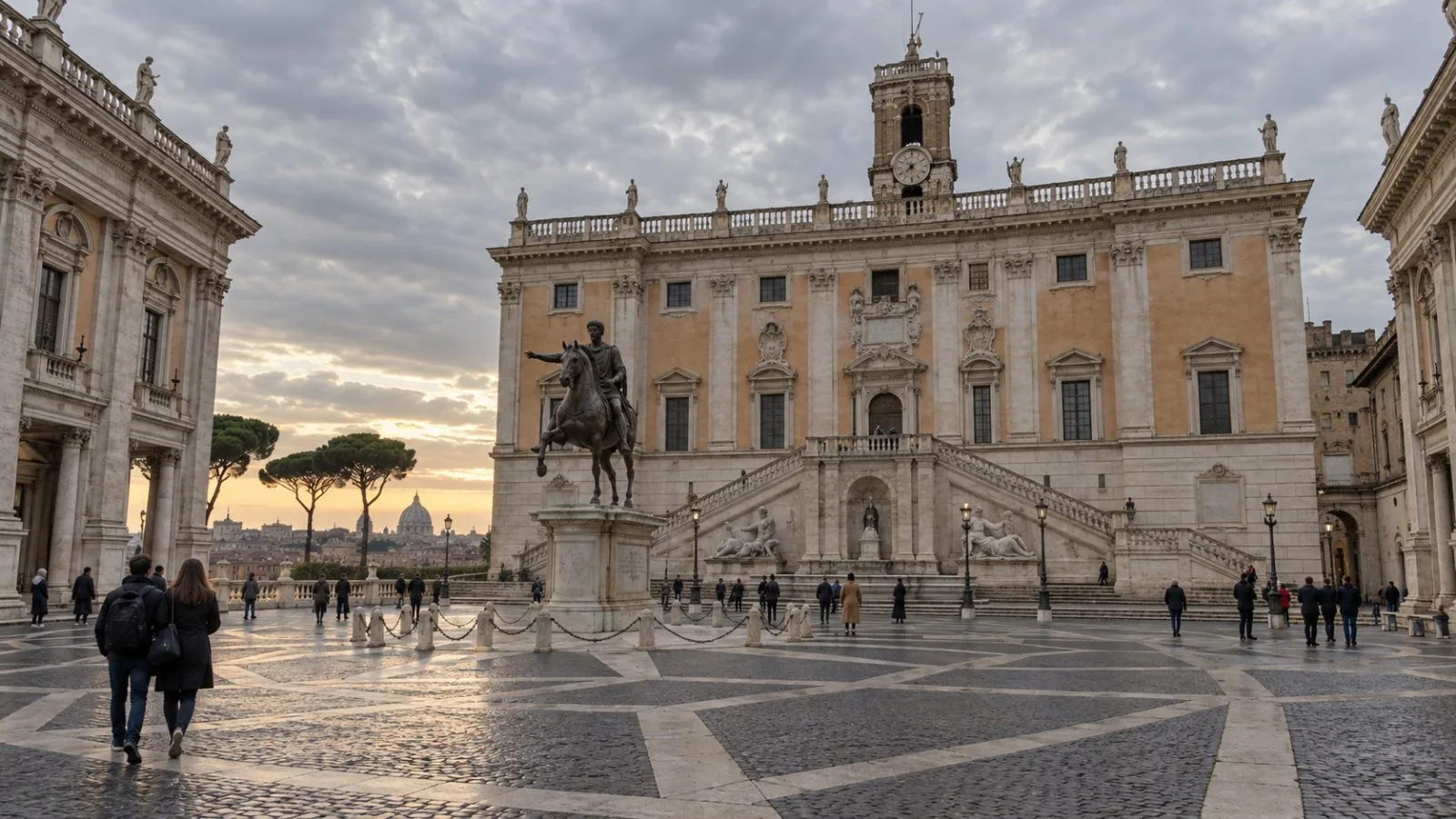 Pedestrians cross Piazza del Campidoglio beside the Palazzo dei Conservatori in Rome. (AI-generated image / EconoTimes)