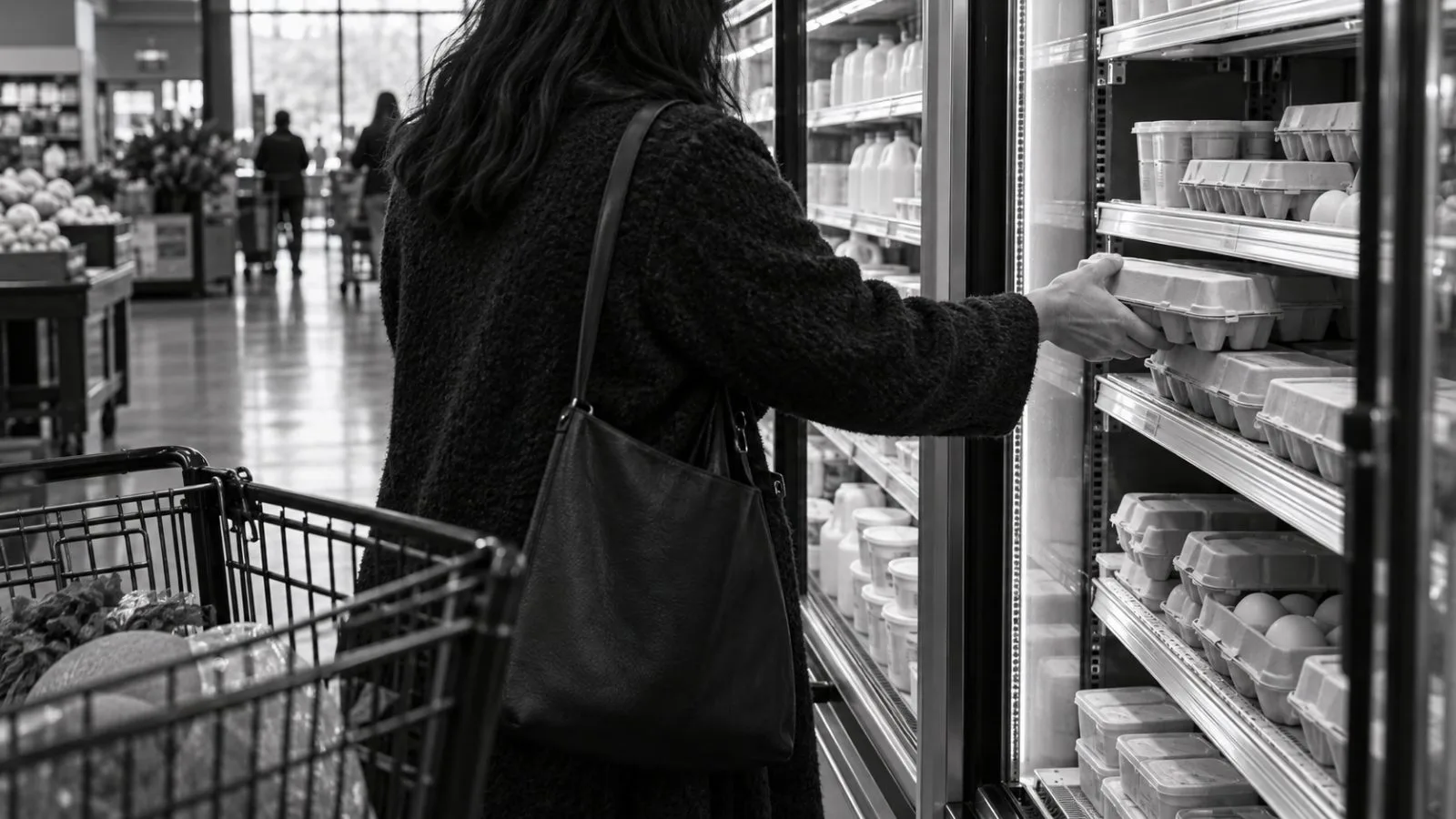 A shopper reaches for eggs in a Washington, D.C., supermarket. (AI-generated image / EconoTimes)