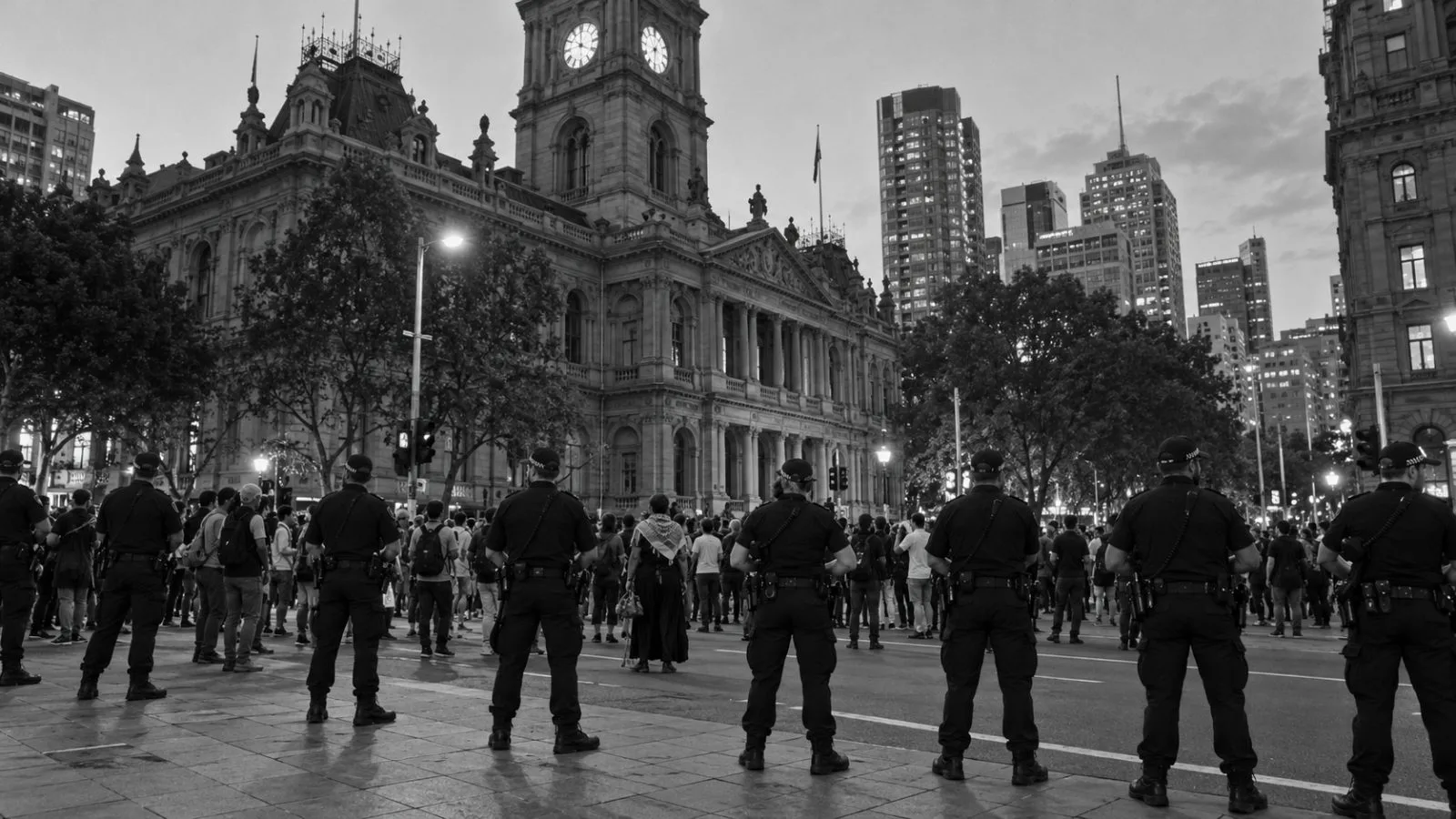 Police form a line beside demonstrators outside Sydney Town Hall in Sydney, Australia (AI-generated image / EconoTimes)