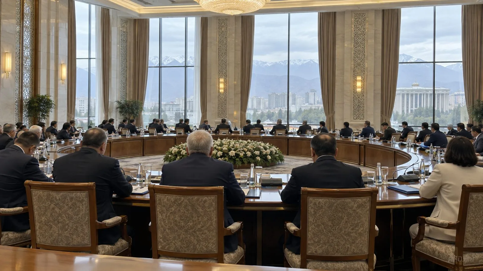 Delegates sit around a conference table at a meeting in Dushanbe, Tajikistan. (AI-generated image / EconoTimes)