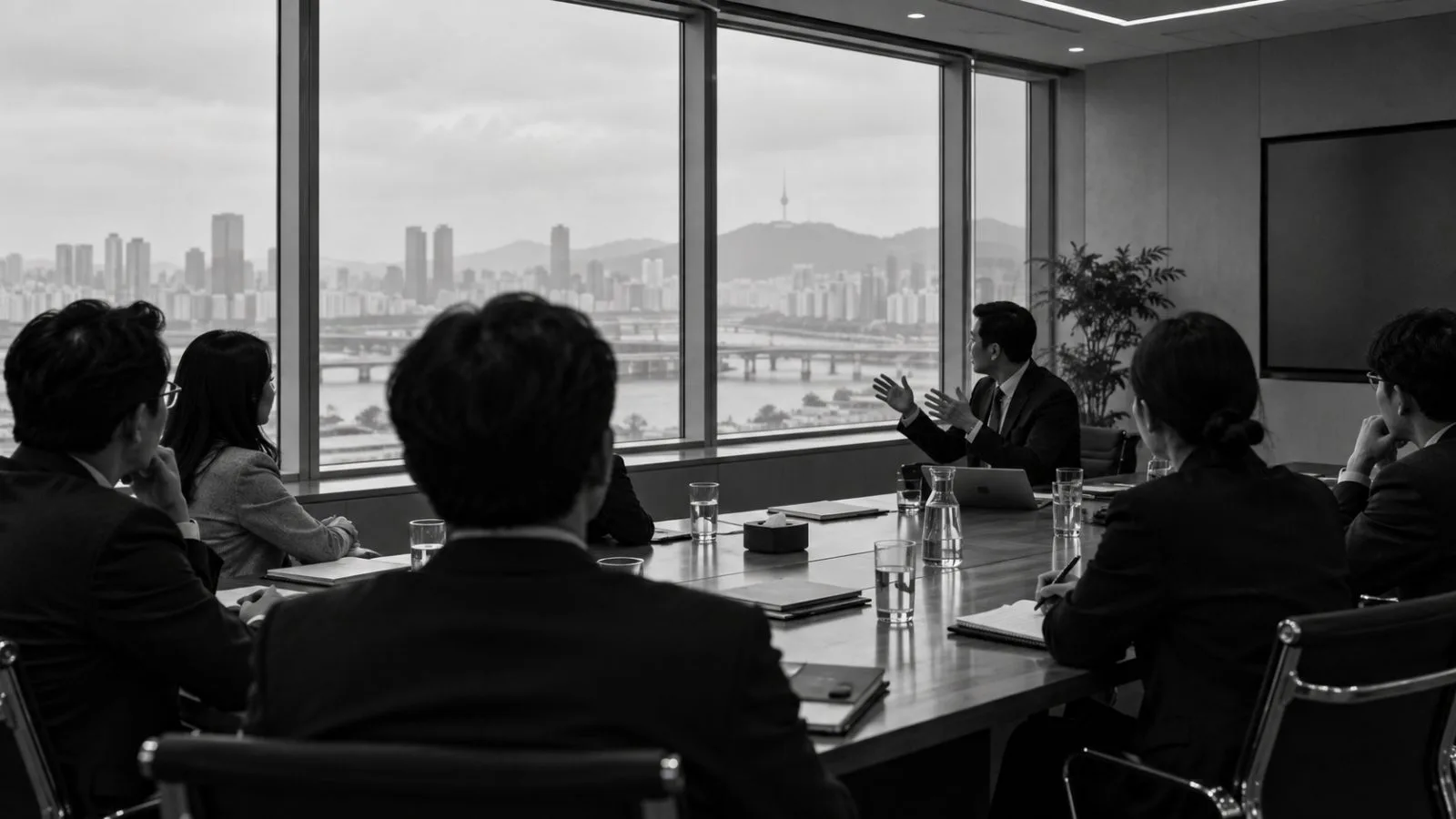 Business delegates meet in a Seoul conference room to discuss industrial cooperation. (AI-generated image / EconoTimes)