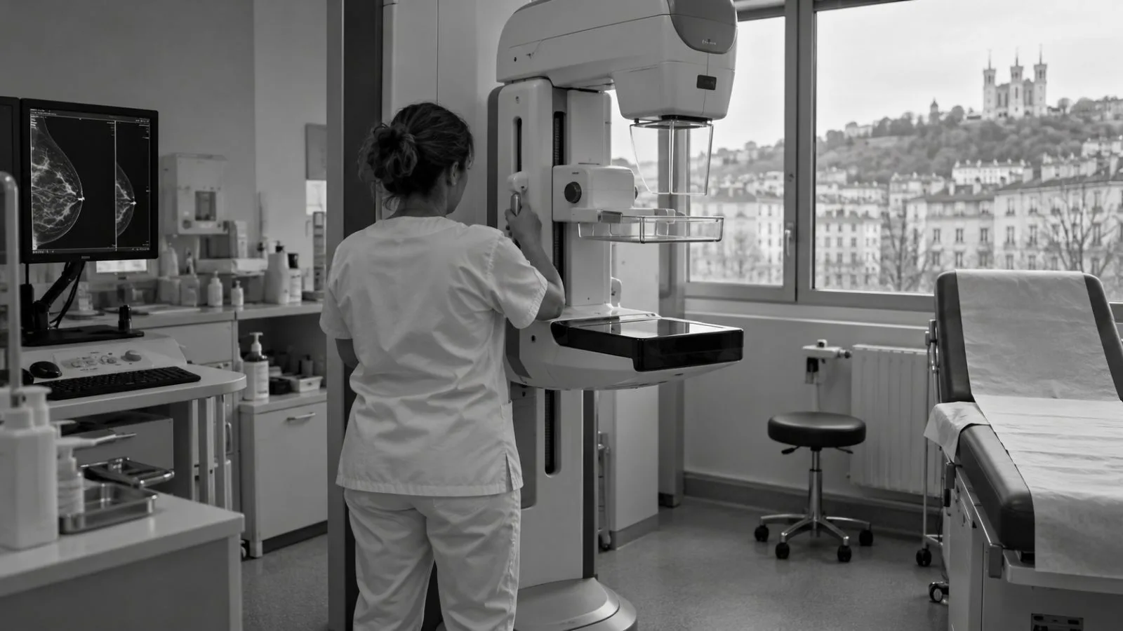 A technologist adjusts a mammography machine in a breast-imaging clinic in Lyon, France. (AI-generated image / EconoTimes)
